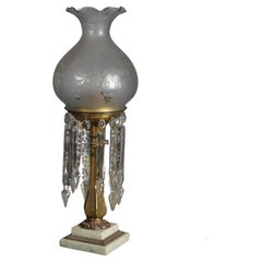 Antique Argand Sinumbra Bronze, Brass & Crystal Solar Lamp With Opalescent Shade