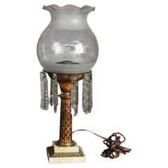 Antique Argand Sinumbra Bronze, Brass & Crystal Solar Lamp with Opalescent Shade