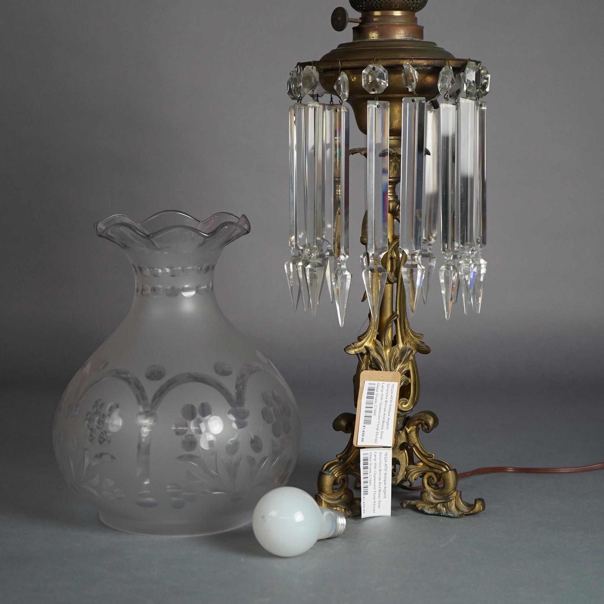 Antique Argand Sinumbra Bronze, Brass & Hanging Crystal Solar Lamp c1840 5