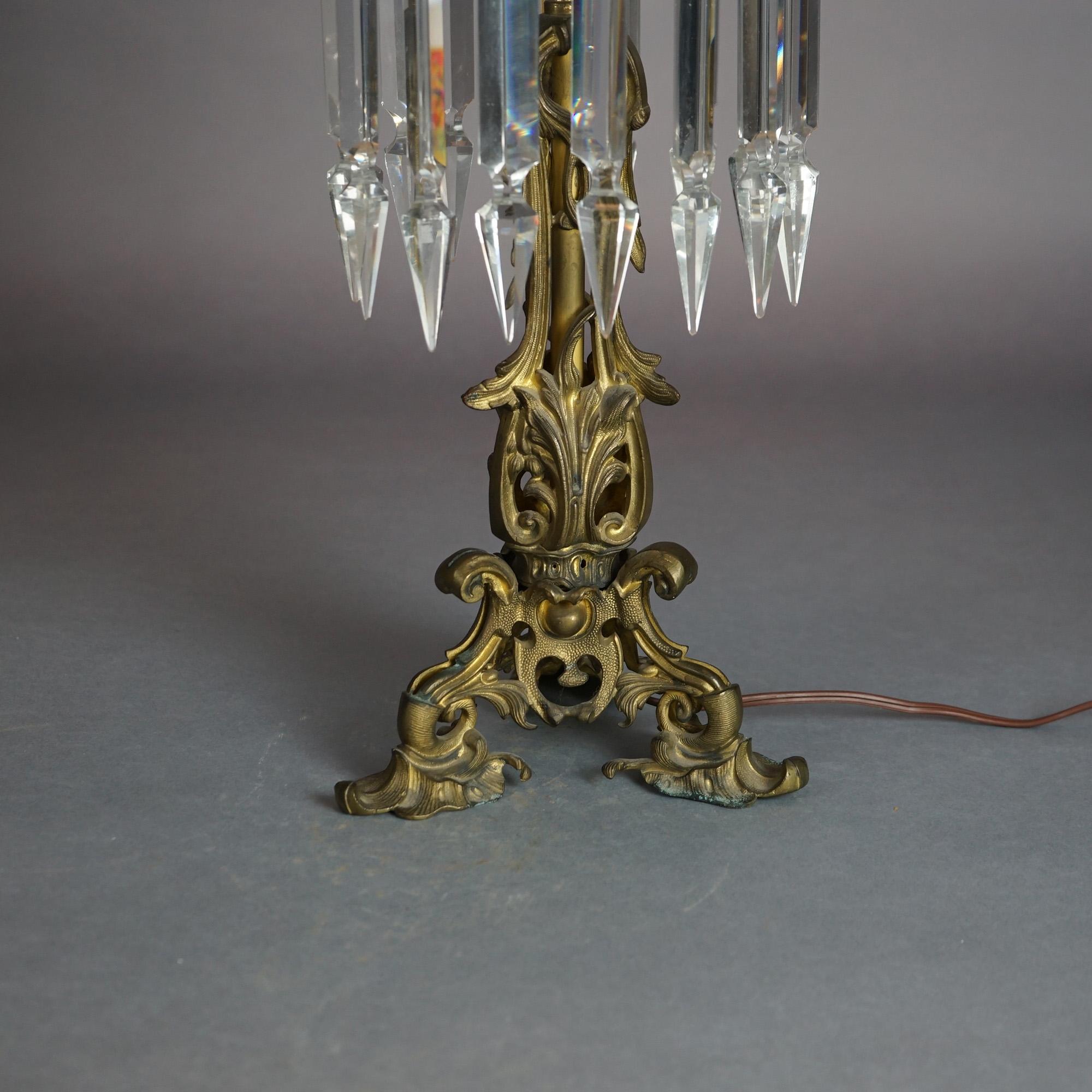 Antique Argand Sinumbra Foliate Cast Bronze, Brass & Hanging Crystal Solar Lamp with Opalescent Floral Etched Glass Shade, Electrified, C1840

Measures - 28.25