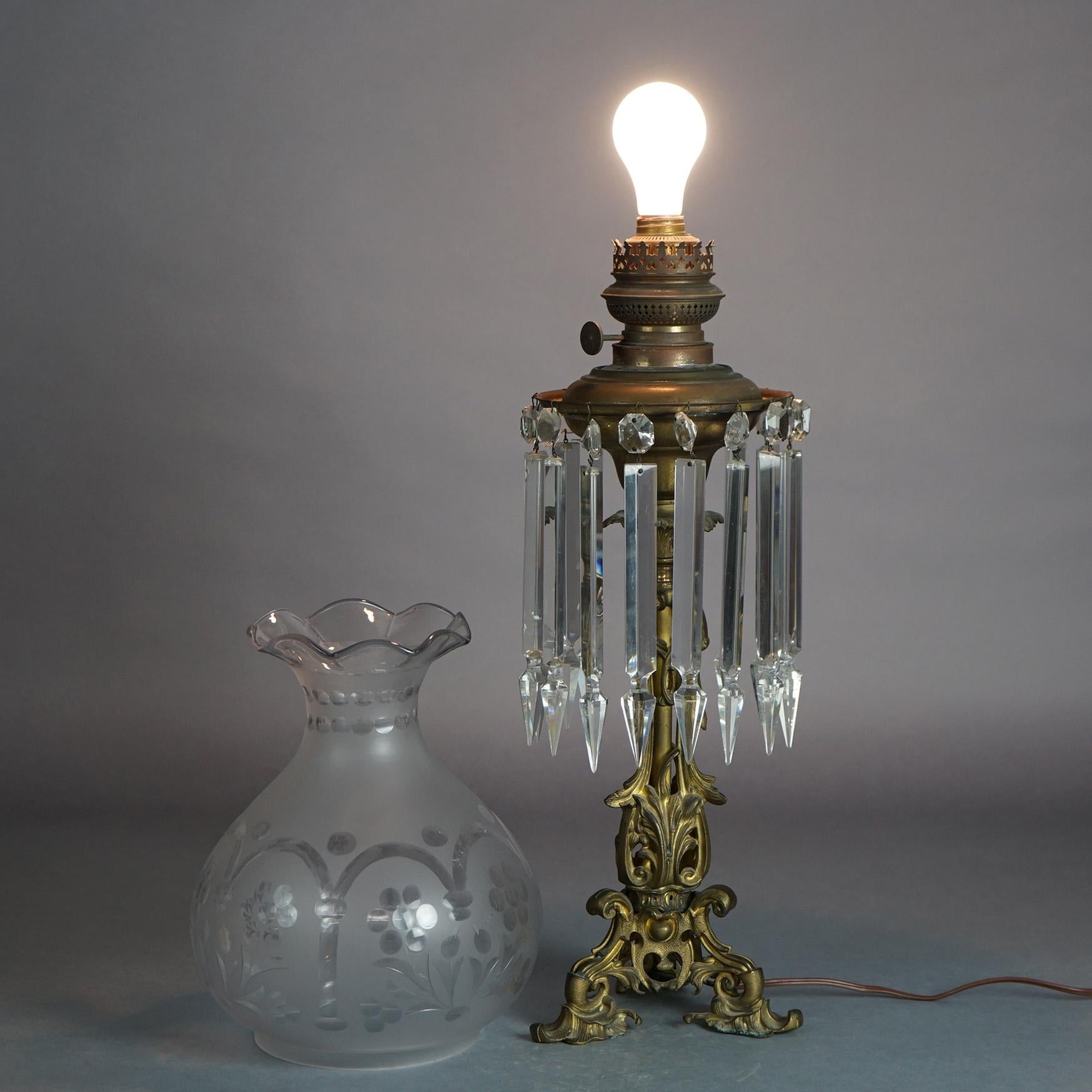 Antique Argand Sinumbra Bronze, Brass & Hanging Crystal Solar Lamp c1840 In Good Condition In Big Flats, NY