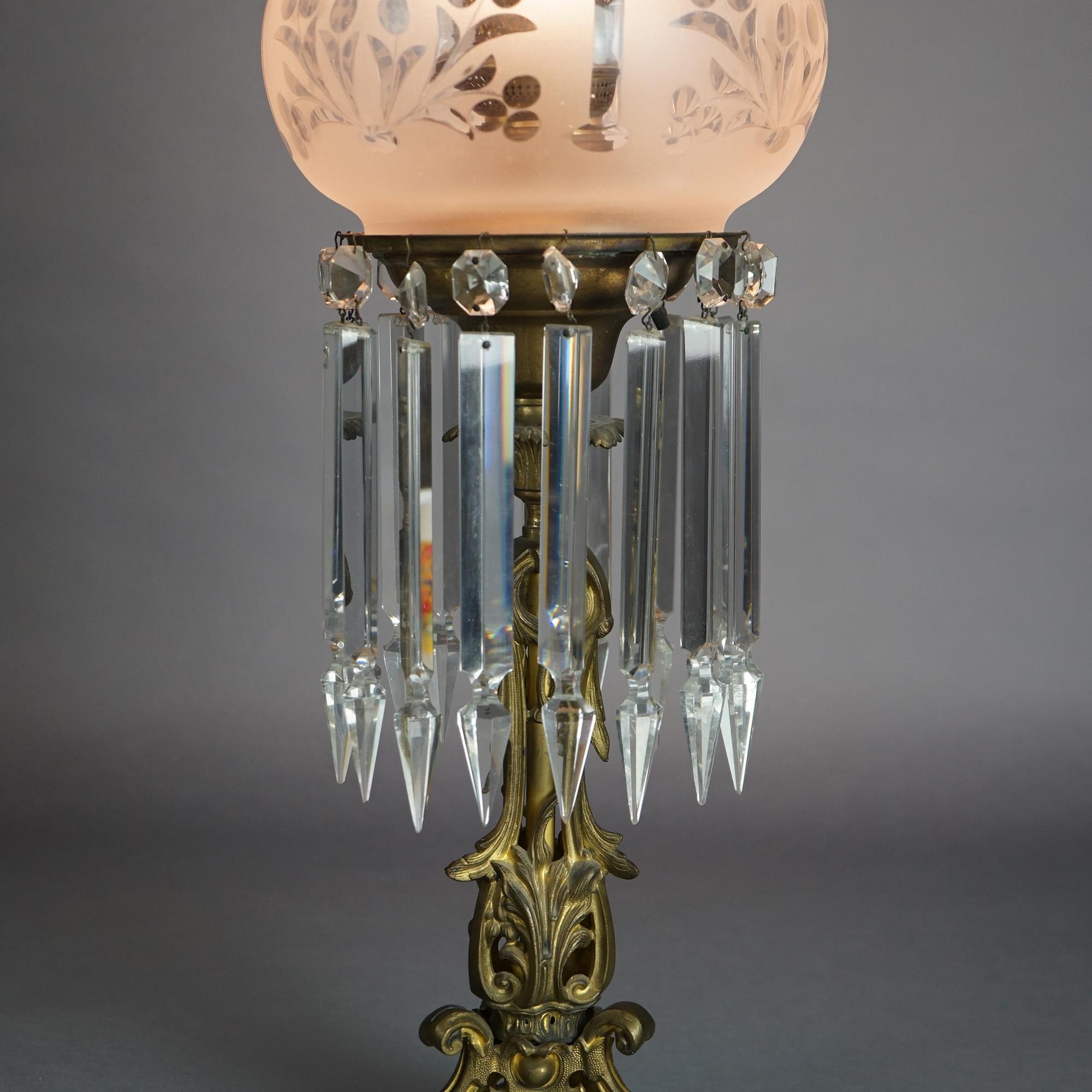 20th Century Antique Argand Sinumbra Bronze, Brass & Hanging Crystal Solar Lamp c1840