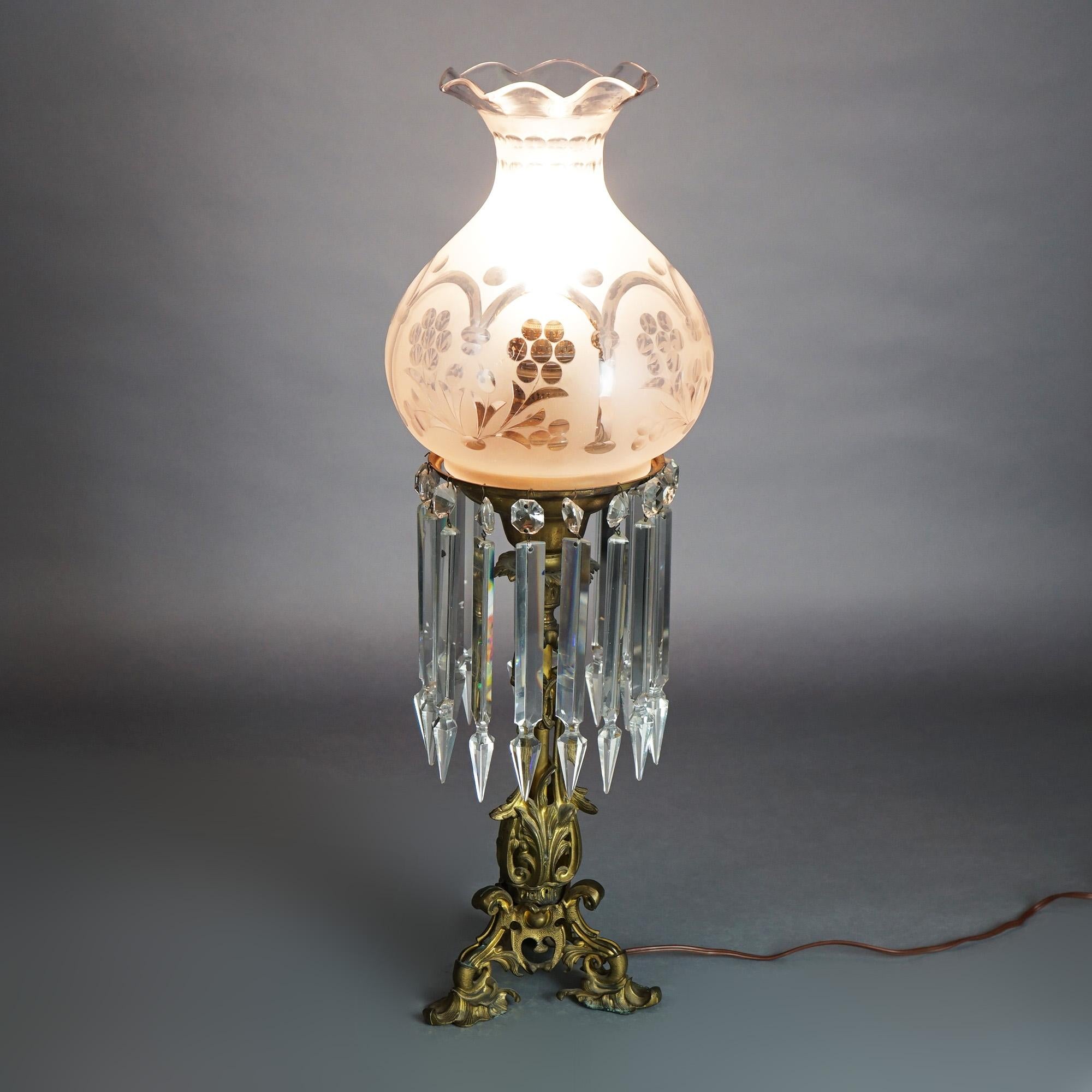 Antique Argand Sinumbra Bronze, Brass & Hanging Crystal Solar Lamp c1840 1