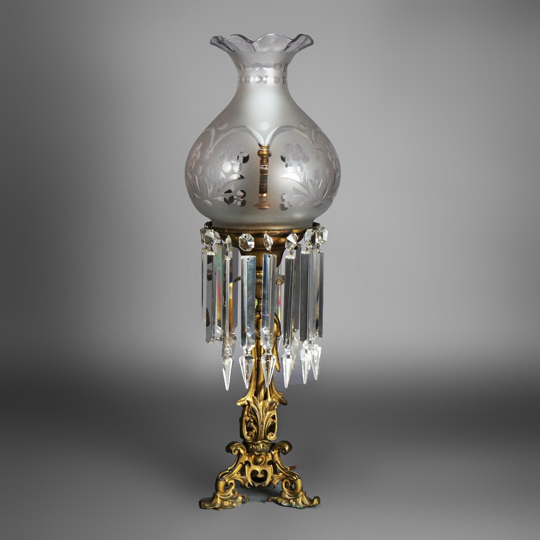 Antique Argand Sinumbra Bronze, Brass & Hanging Crystal Solar Lamp c1840 2