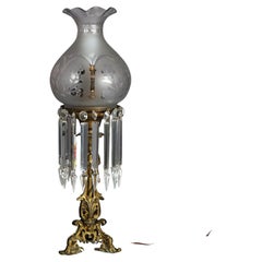 Antique Argand Sinumbra Bronze, Brass & Hanging Crystal Solar Lamp c1840