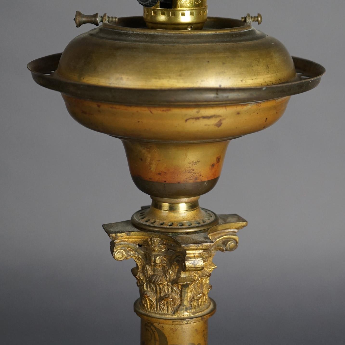 Antique Argand Sinumbra Bronze & Brass Solar Lamp With Opalescent Floral Shade 5