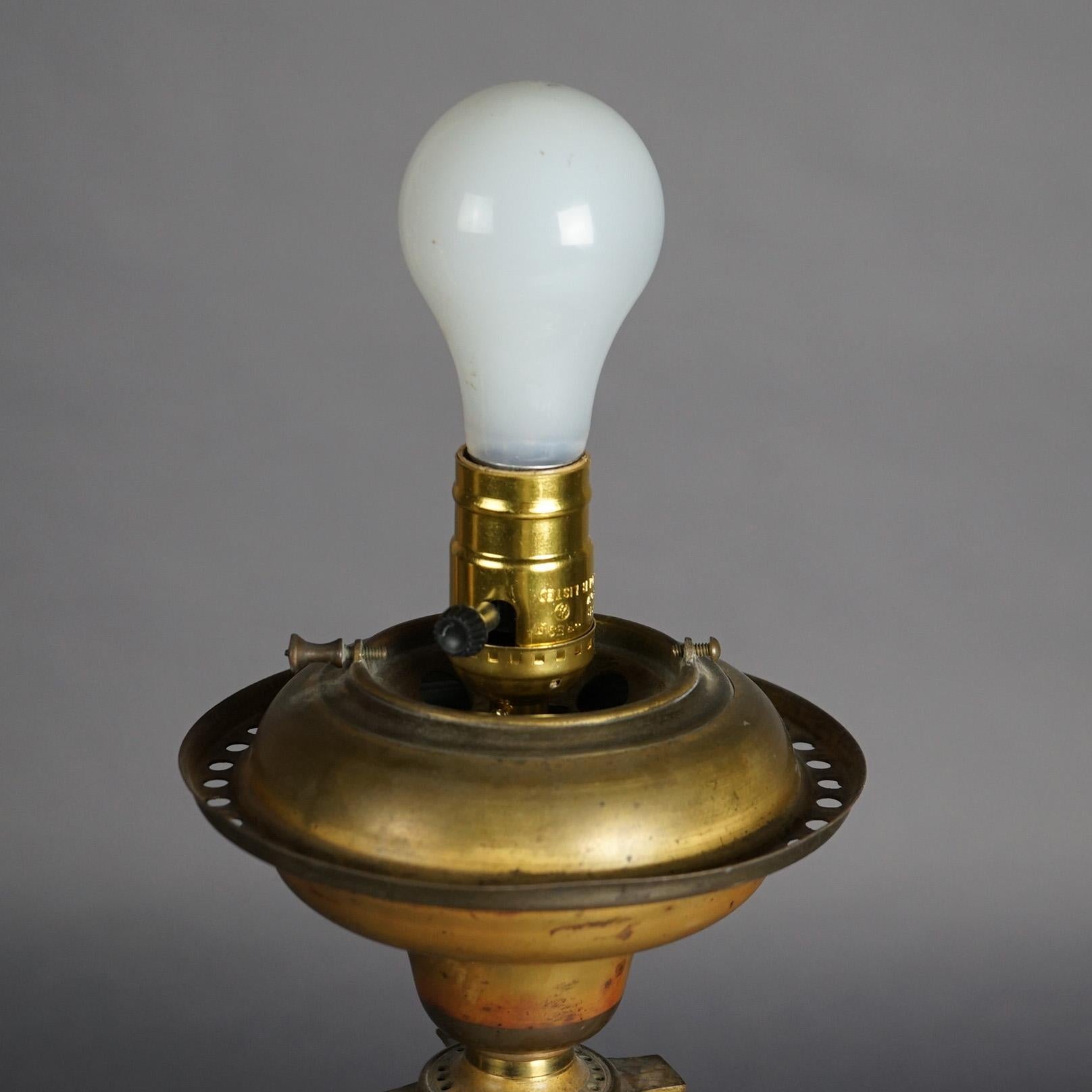 Antique Argand Sinumbra Bronze & Brass Solar Lamp With Opalescent Floral Shade 6