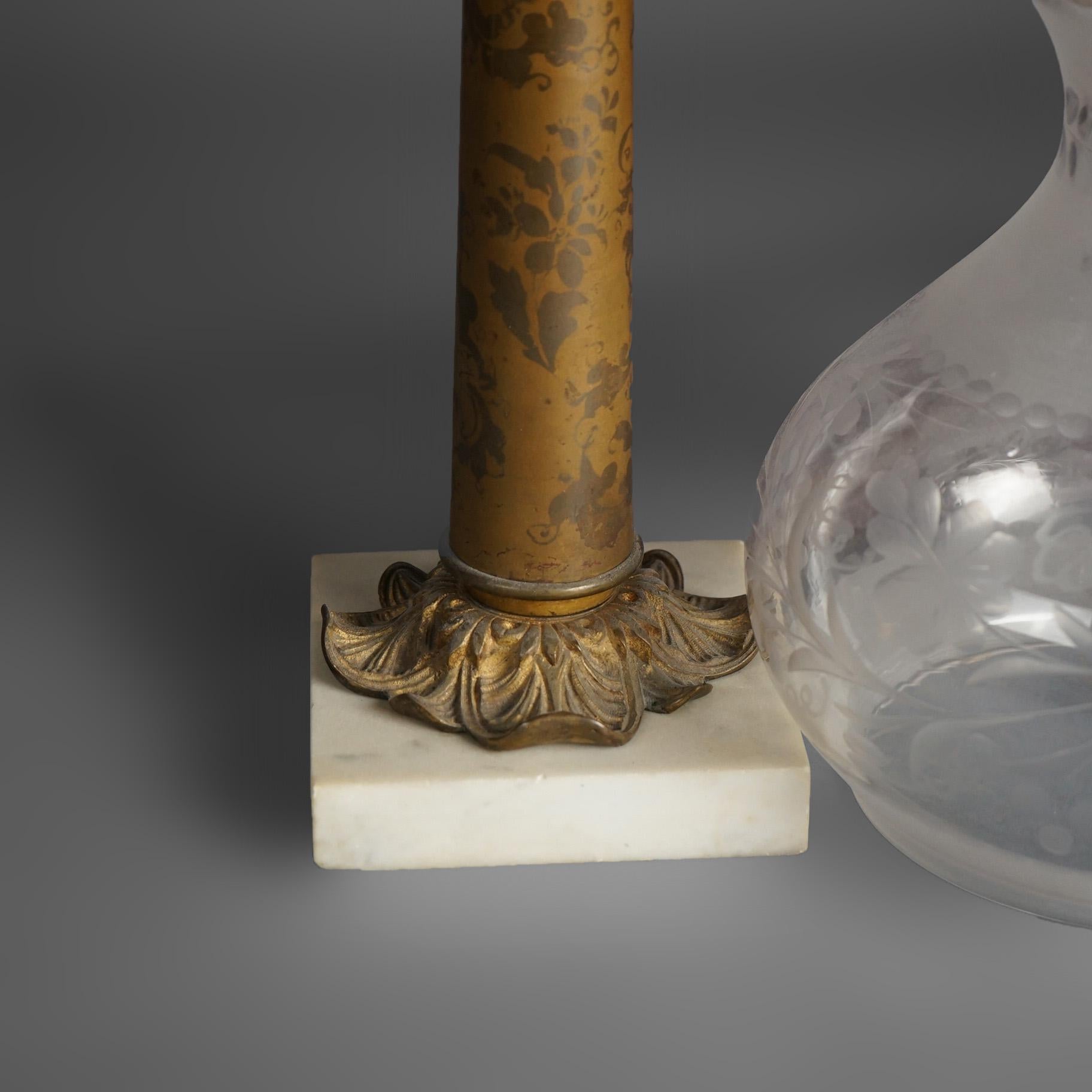 Antique Argand Sinumbra Bronze & Brass Solar Lamp With Opalescent Floral Shade 7