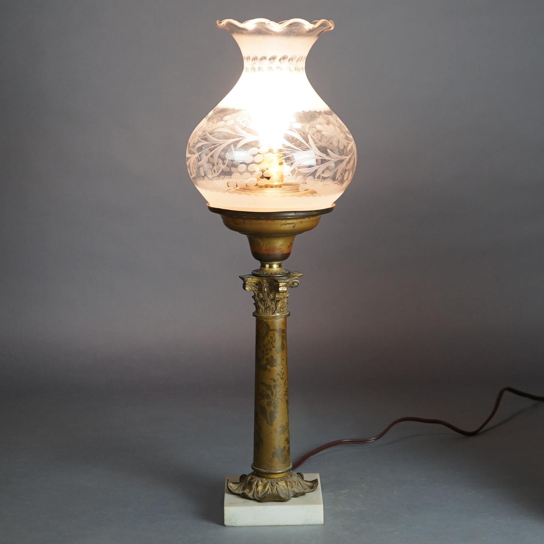 Antique Argand Sinumbra Bronze & Brass Solar Lamp With Opalescent Floral Shade 8