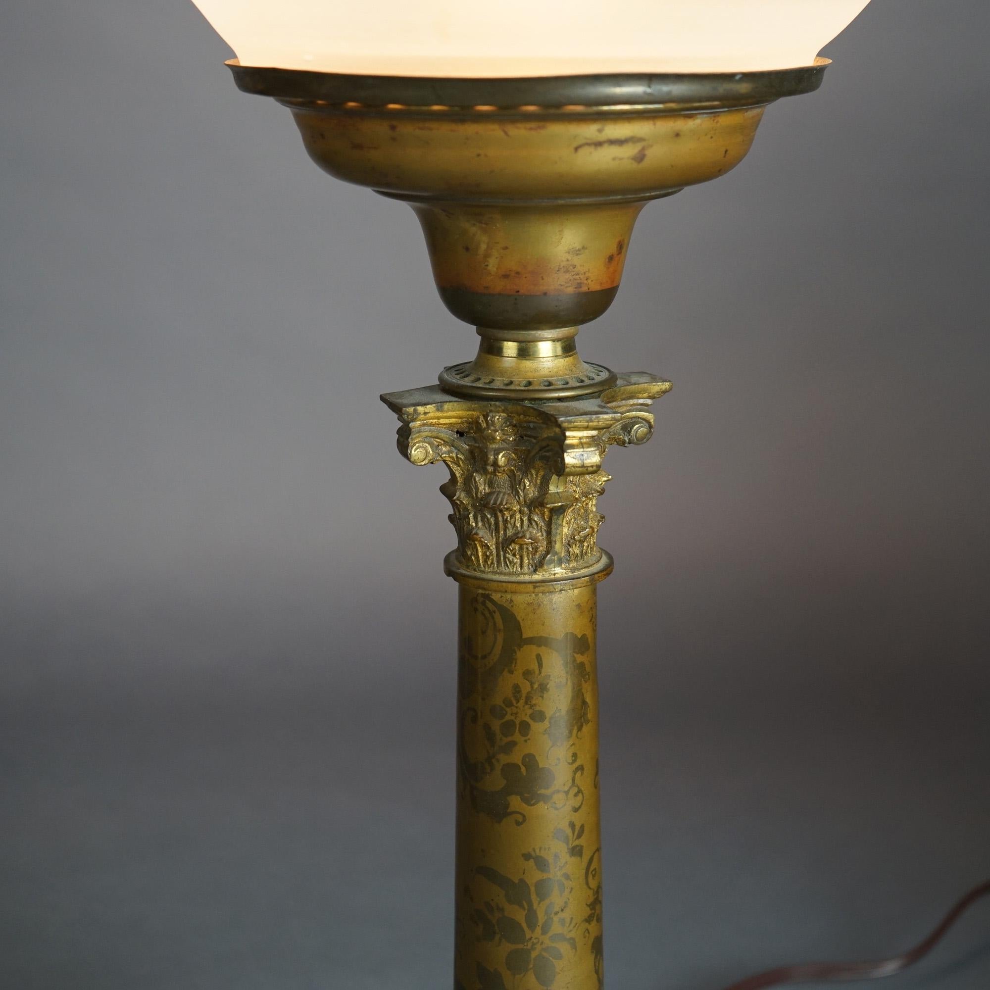 Antique Argand Sinumbra Bronze & Brass Solar Lamp With Opalescent Floral Shade 9