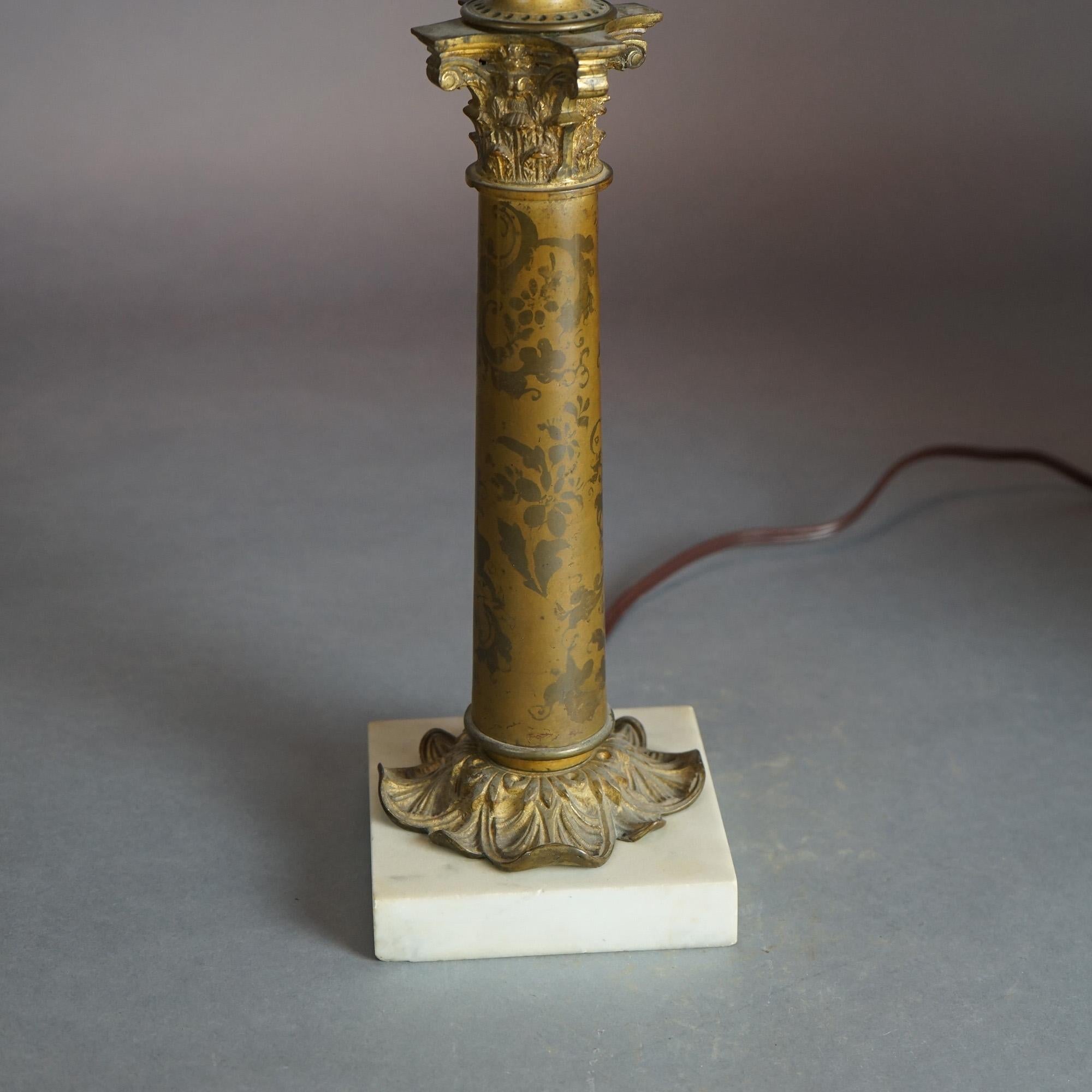 Antique Argand Sinumbra Bronze & Brass Solar Lamp With Opalescent Floral Shade 10