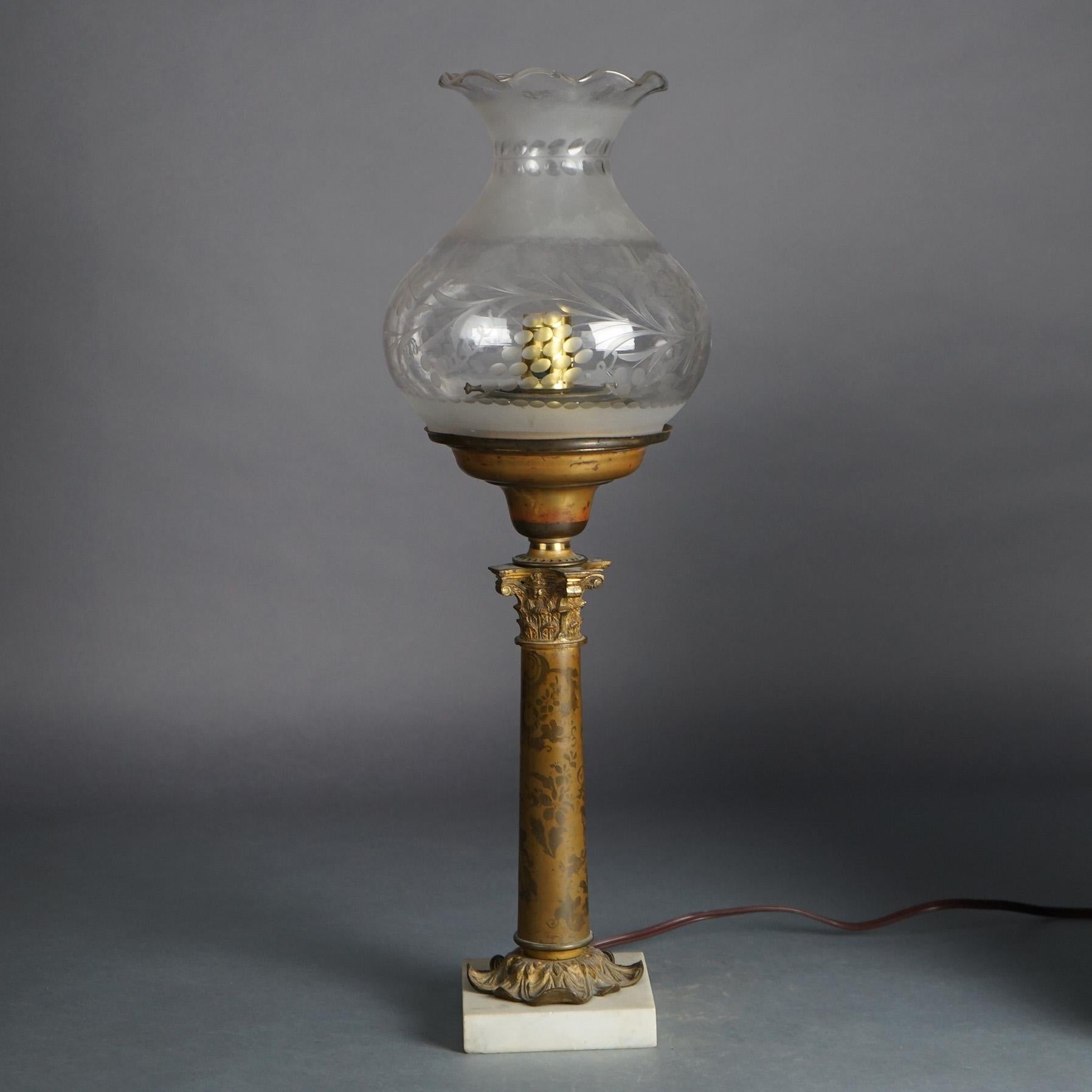 Antique Argand Sinumbra Bronze & Brass Solar Lamp with Opalescent Floral Etched Glass Shade & Marble Base, Electrified, C1840

Measures - 26.25