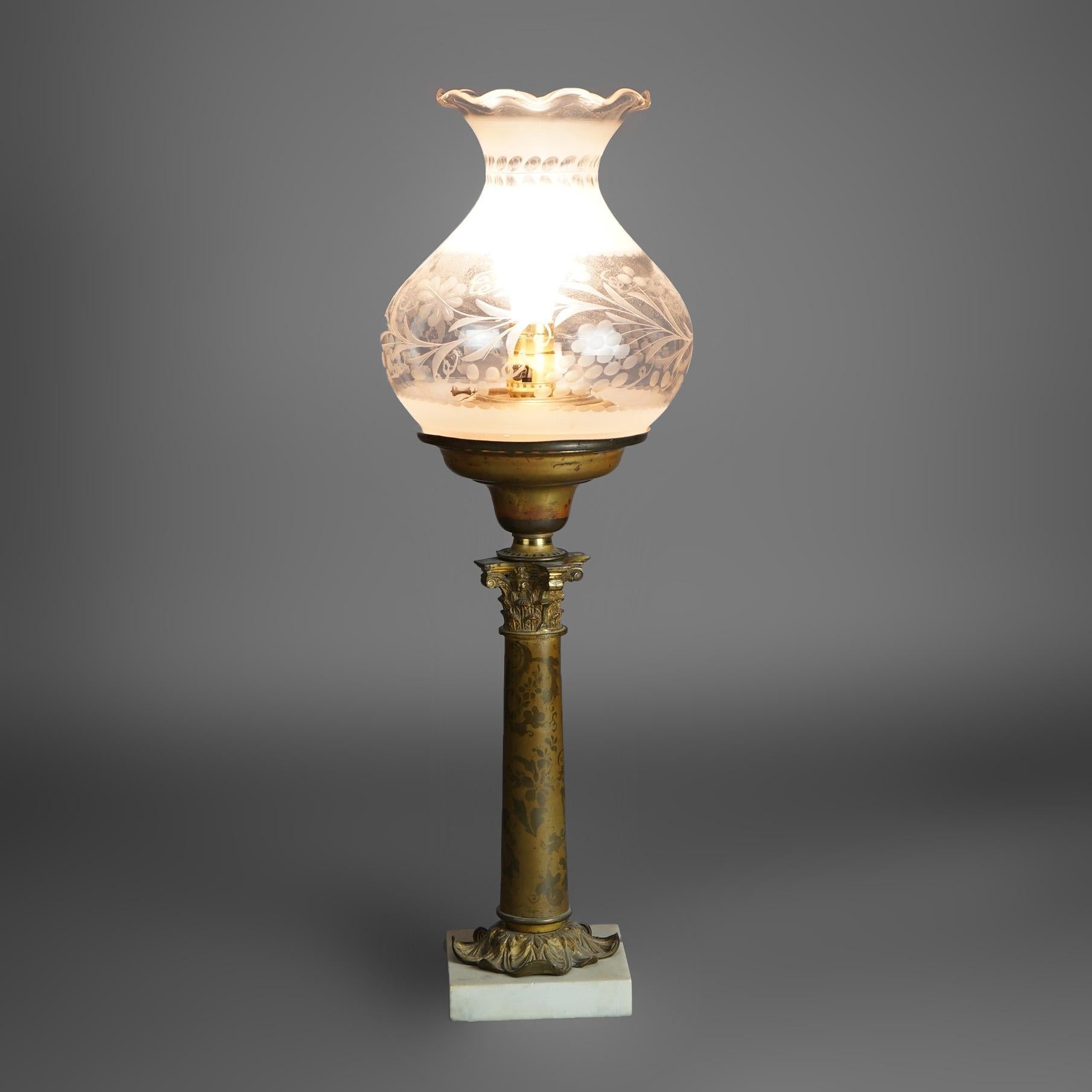 American Antique Argand Sinumbra Bronze & Brass Solar Lamp With Opalescent Floral Shade