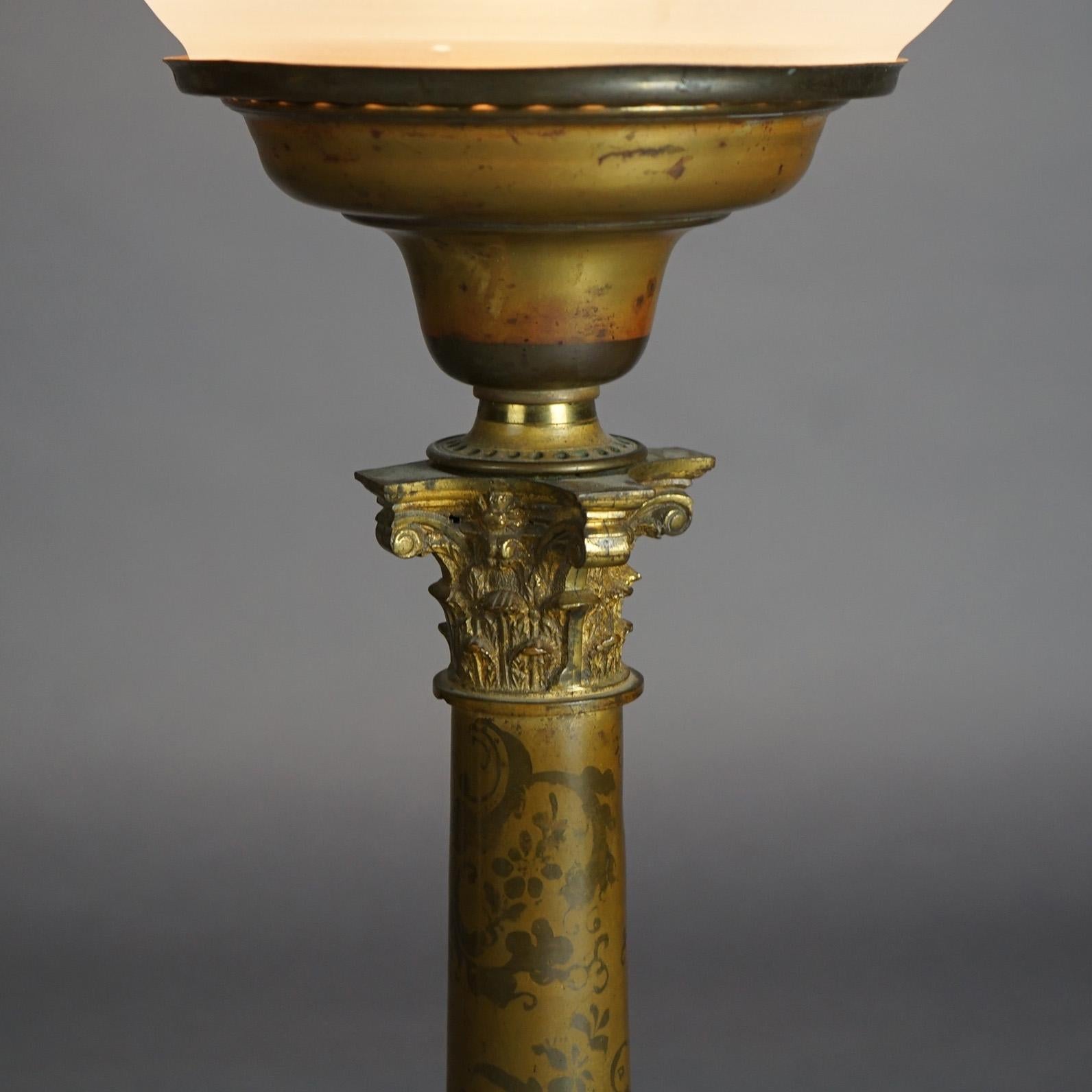 19th Century Antique Argand Sinumbra Bronze & Brass Solar Lamp With Opalescent Floral Shade