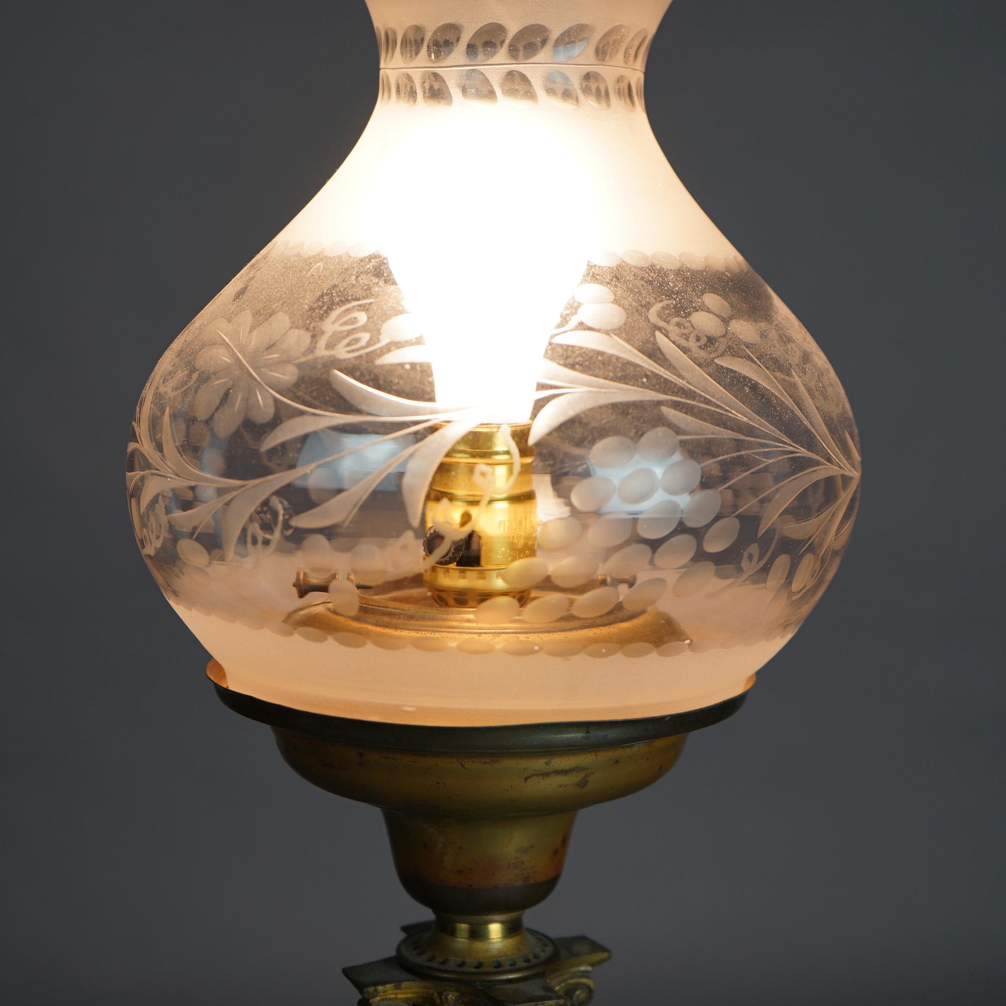 Antique Argand Sinumbra Bronze & Brass Solar Lamp With Opalescent Floral Shade 1