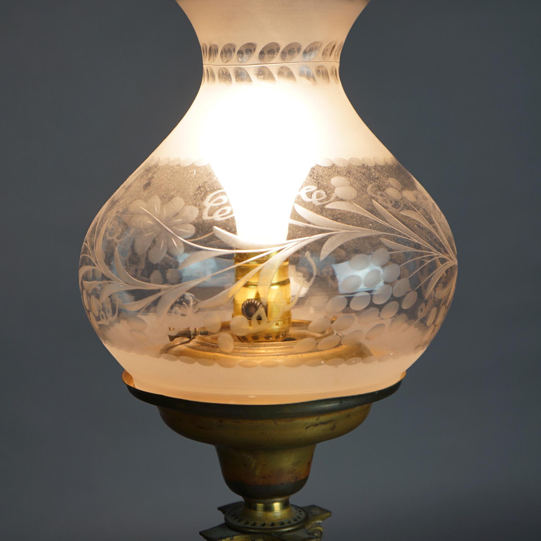 Antique Argand Sinumbra Bronze & Brass Solar Lamp With Opalescent Floral Shade 2