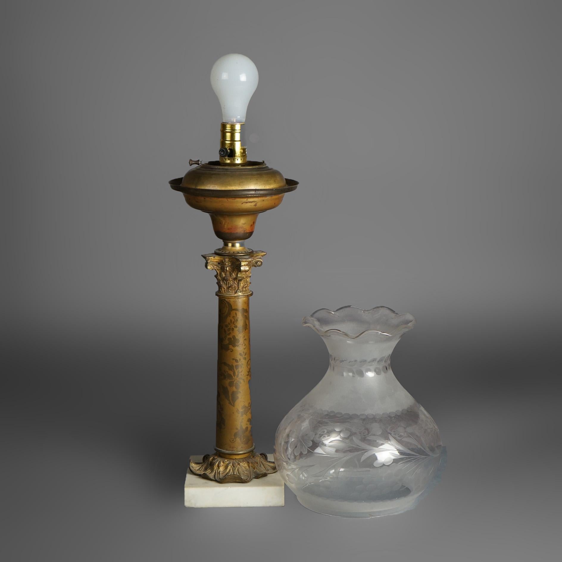 Antique Argand Sinumbra Bronze & Brass Solar Lamp With Opalescent Floral Shade 4