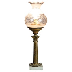 Antique Argand Sinumbra Bronze & Brass Solar Lamp With Opalescent Floral Shade