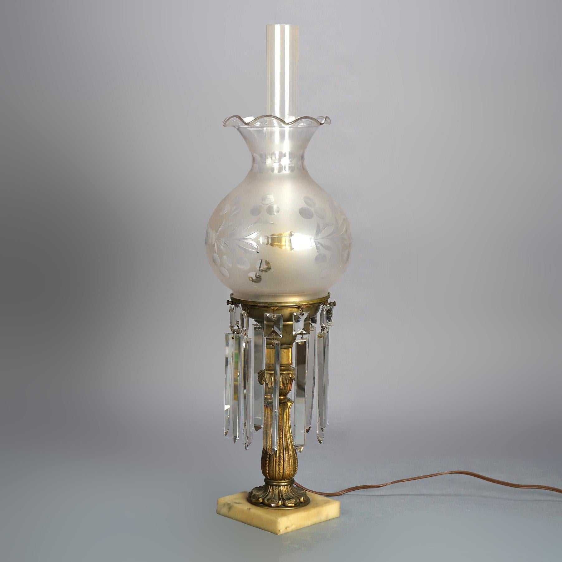 Antique Argand Sinumbra Cast Bronze & Brass Solar Lamp With Opalescent Floral Etched Glass Shade, Hanging Crystal Prisms and Marble Base, Electrified, C1840

Measures - 25.5