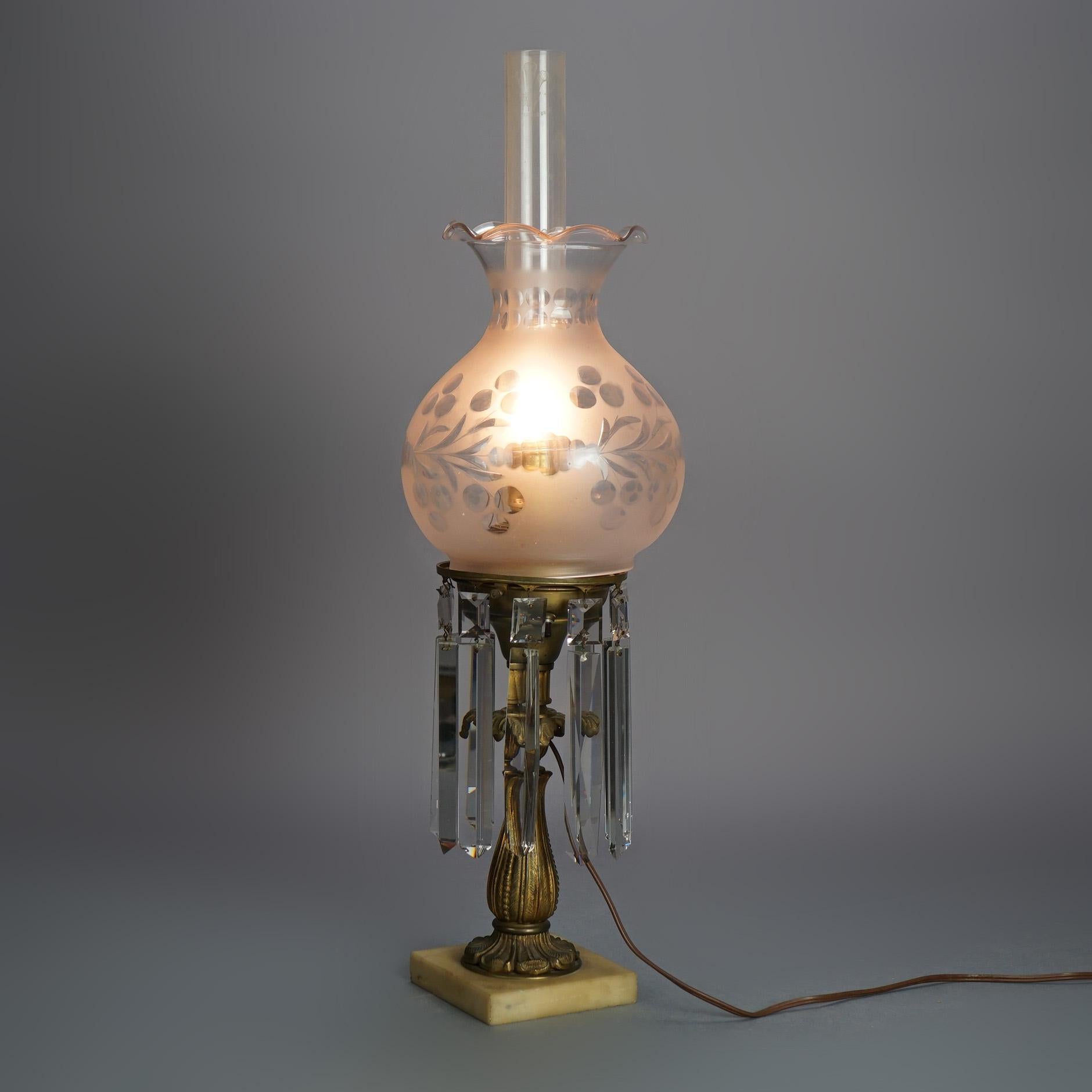 American Antique Argand Sinumbra Bronze & Brass Solar Lamp With Opalescent Glass Shade