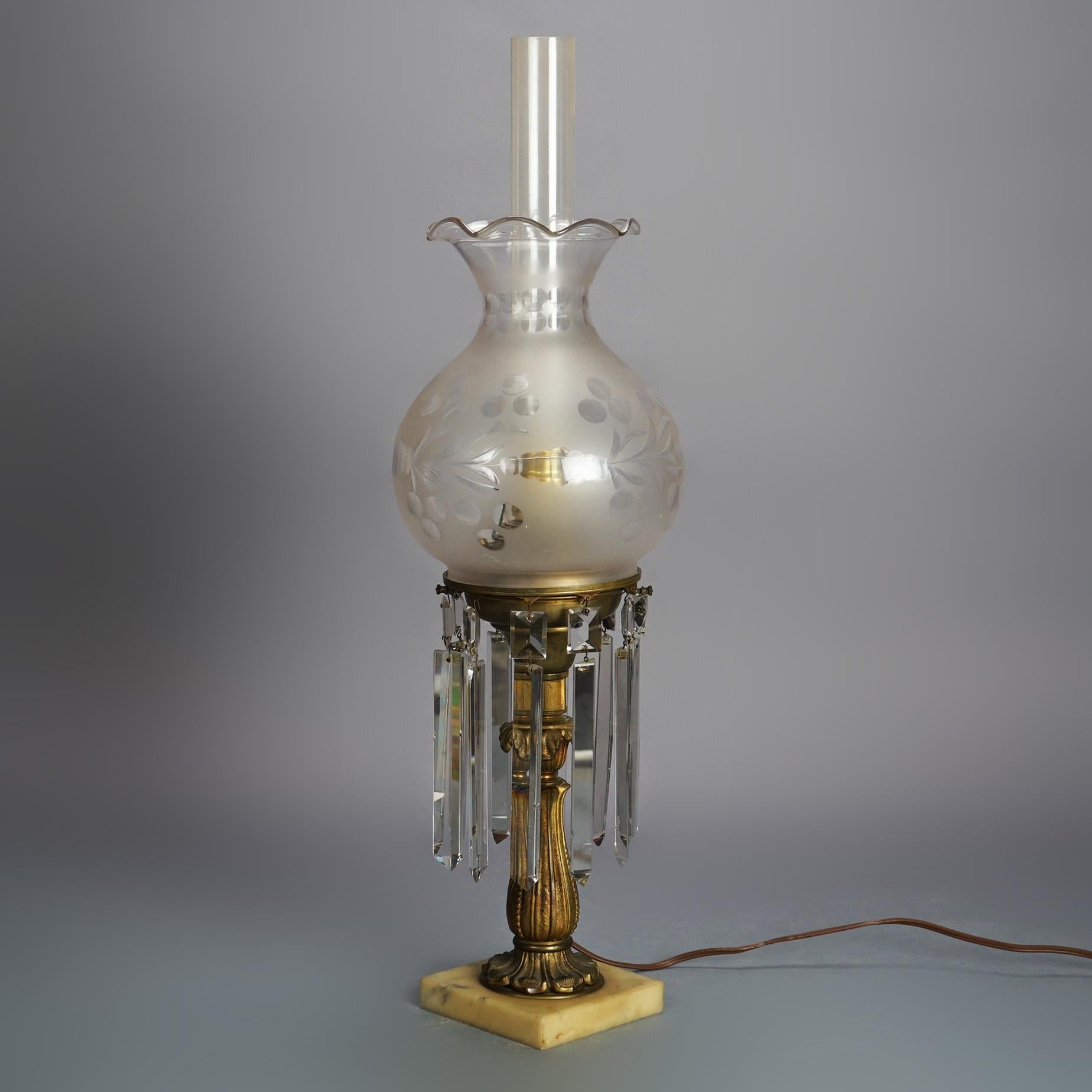 Antique Argand Sinumbra Bronze & Brass Solar Lamp With Opalescent Glass Shade In Good Condition In Big Flats, NY