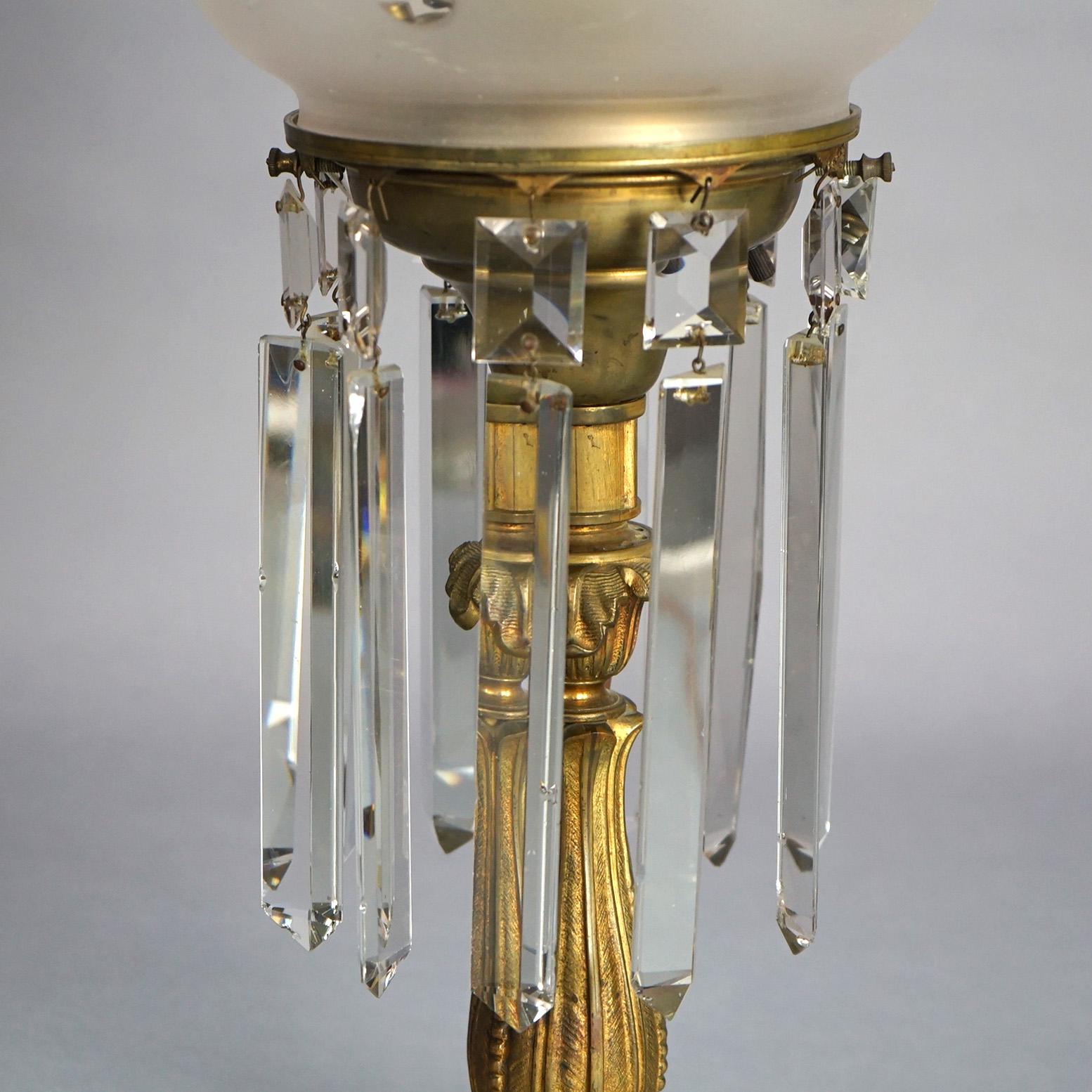 Antique Argand Sinumbra Bronze & Brass Solar Lamp With Opalescent Glass Shade 1