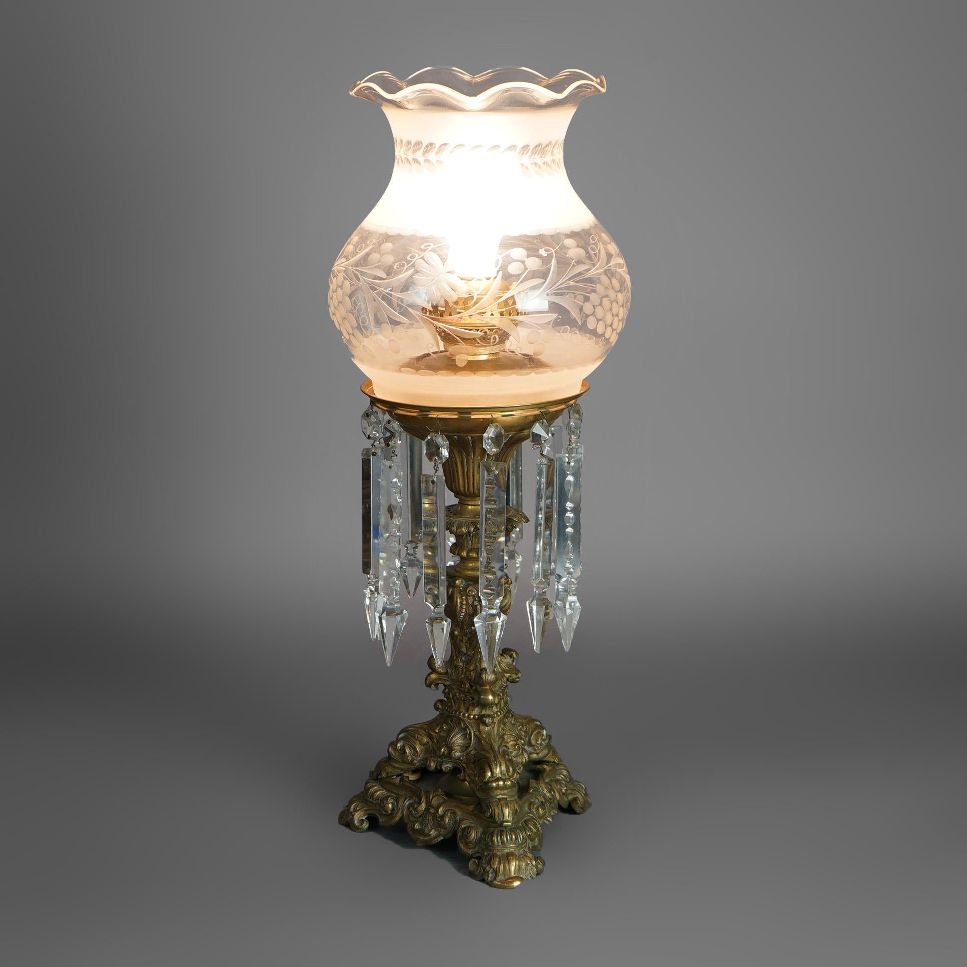 Antique Argand Sinumbra Foliate Cast Bronze, Crystal & Brass Solar Lamp with Opalescent Floral Etched Glass Shade C1840, Electrified, c1840

Measures - 22.75
