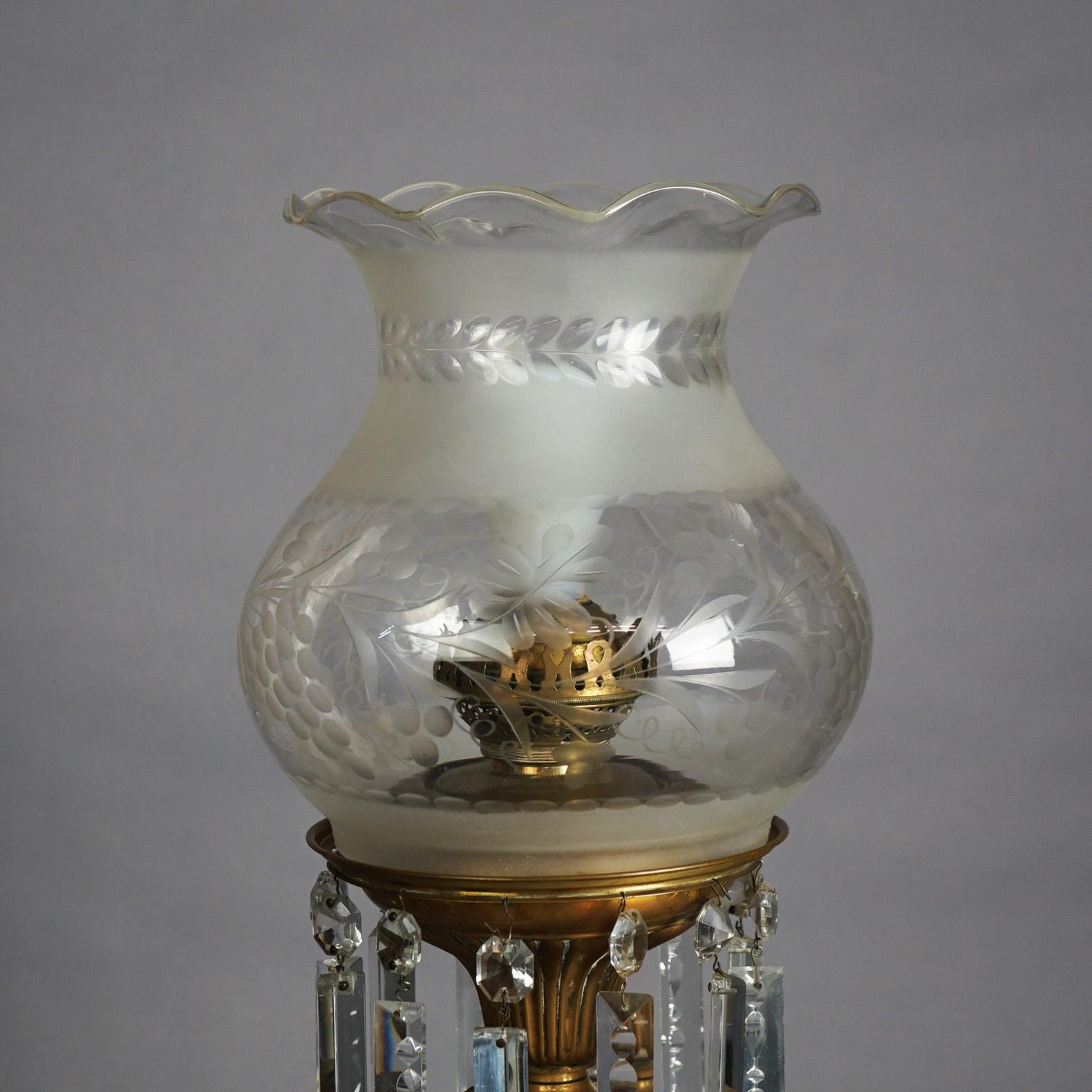 American Antique Argand Sinumbra Bronze, Crystal & Brass Solar Lamp, Electrified, c1840