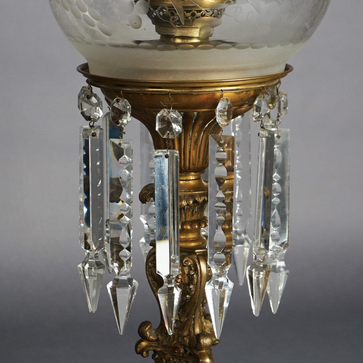 Antique Argand Sinumbra Bronze, Crystal & Brass Solar Lamp, Electrified, c1840 1
