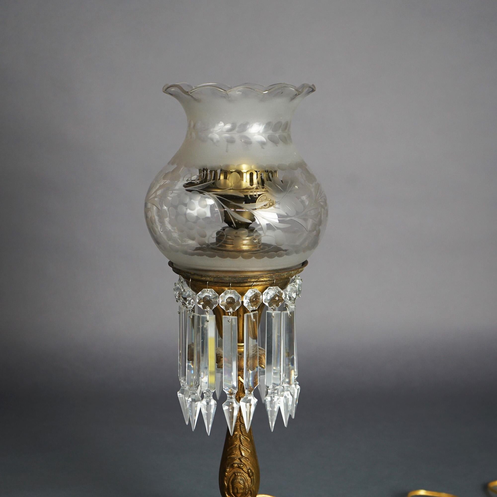 Antique Argand Sinumbra Figural Cast Bronze, Brass & Cut Crystal Solar Lamp with Floral Etched Glass Shade, Marble Base and Embossed Female mask on Column, c1840

Measures - 19.5