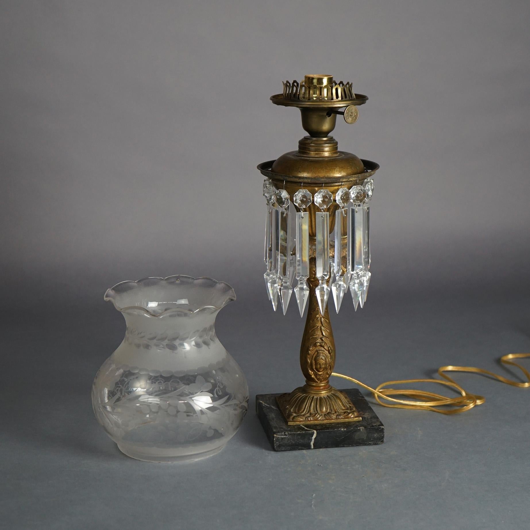 American Antique Argand Sinumbra Figural Bronze, Brass & Cut Crystal Solar Lamp c1840