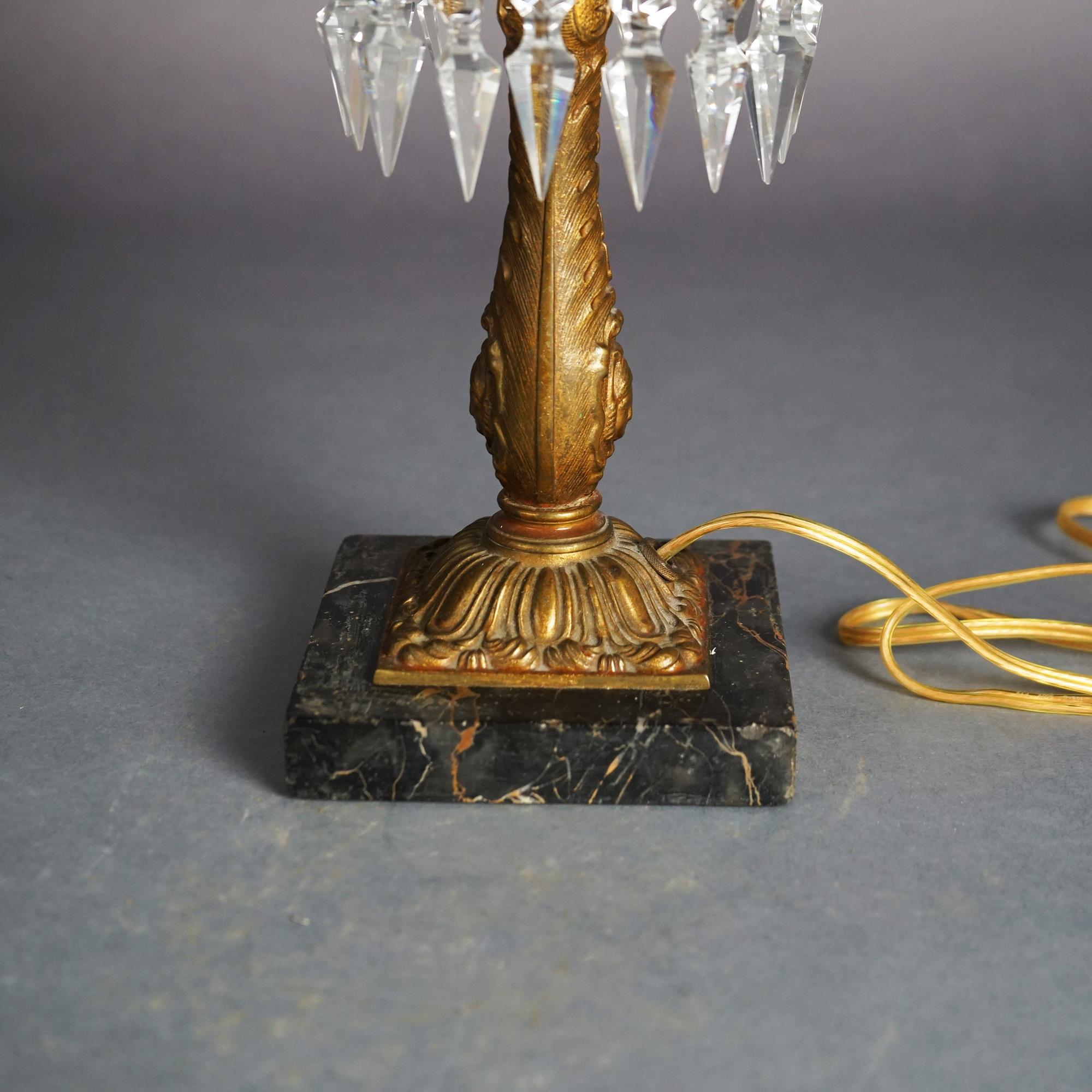 19th Century Antique Argand Sinumbra Figural Bronze, Brass & Cut Crystal Solar Lamp c1840
