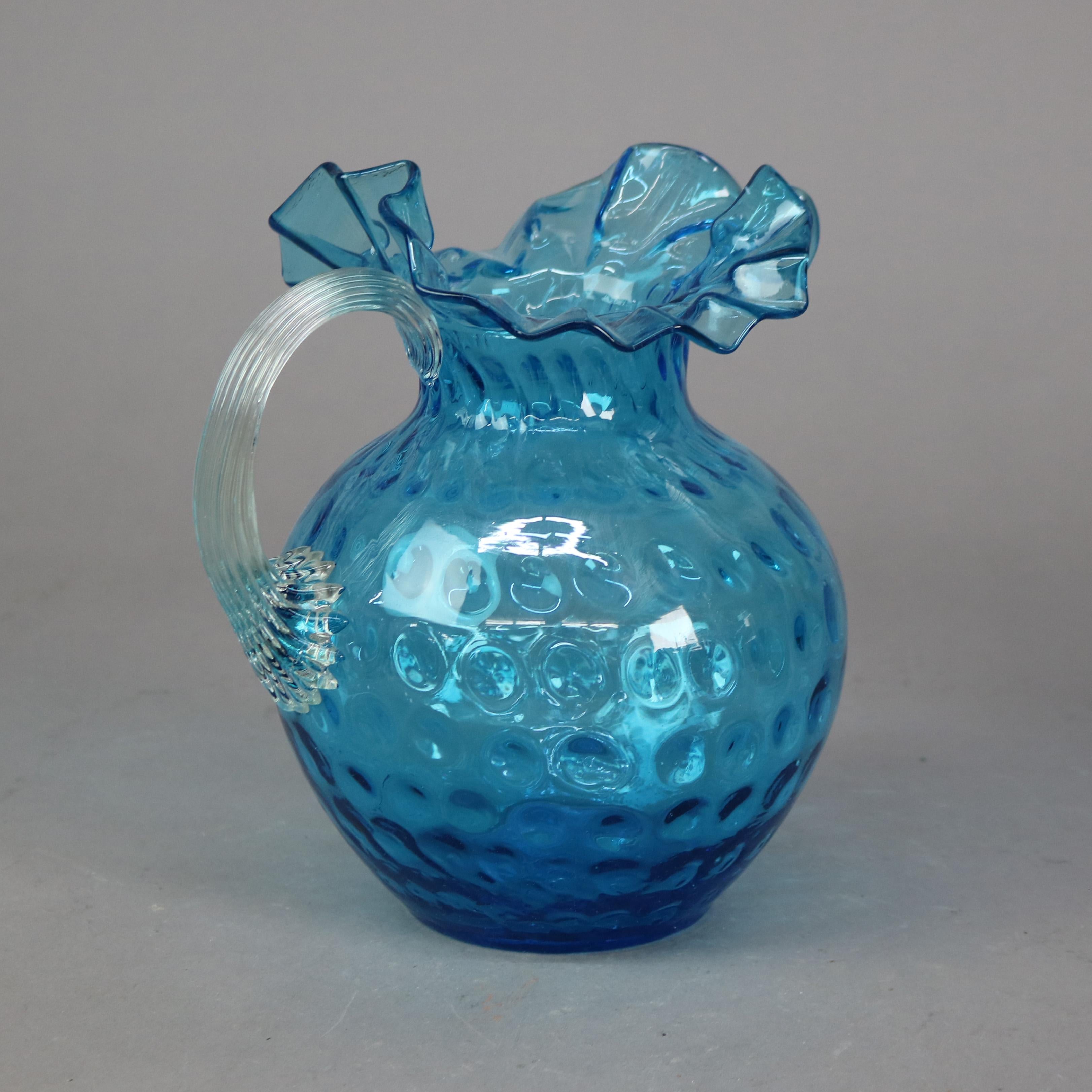 Antigua jarra de agua de cristal Ariel Azul Coinspot Ruffle Top C1900 siglo XX en venta