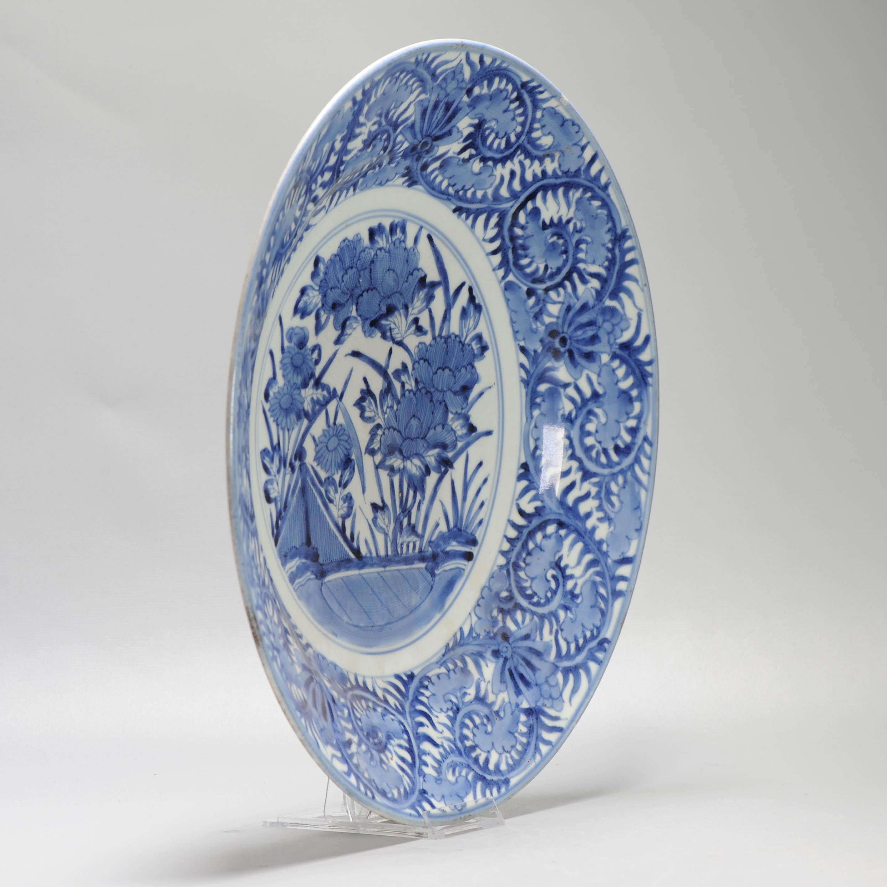 Antique Arita Edo Period 17th C Japanese Porcelain Dish Ming Kraak Style Flowers For Sale 6