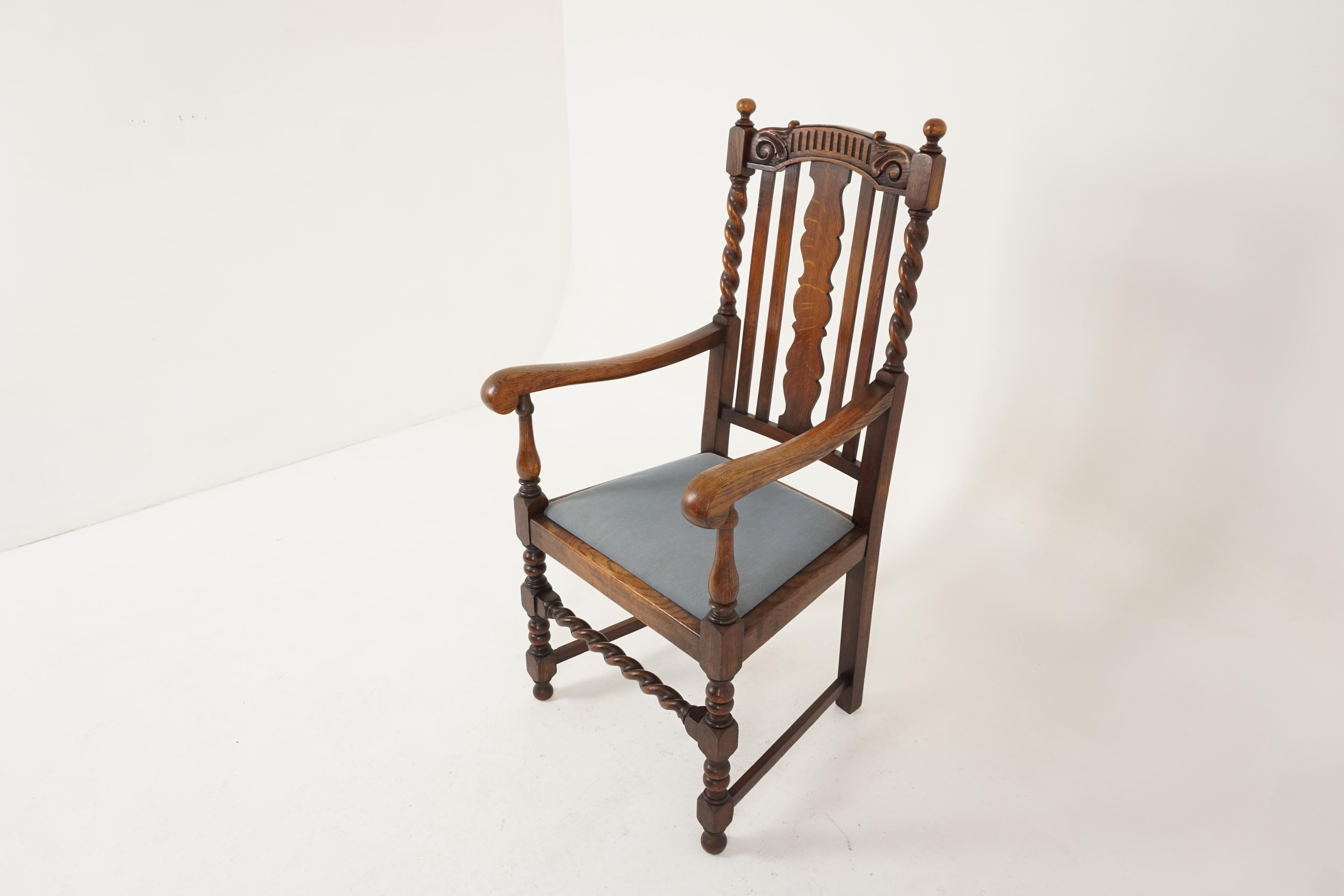 Antique armchair, carved oak, barley twist armchair, Scotland 1920, B2158.

Scotland, 1920
Solid oak
Original finish
Carved rail to the top
Five vertical slats to the back
Flanked by a pair of barley twist supports
Thick out swept
