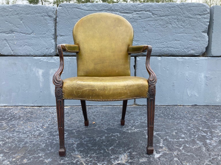 Antique Arm Chair, Green Leather, Desk Chair For Sale 6