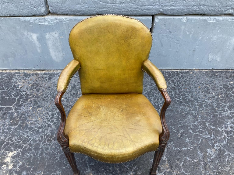 Antique Arm Chair, Green Leather, Desk Chair For Sale 7