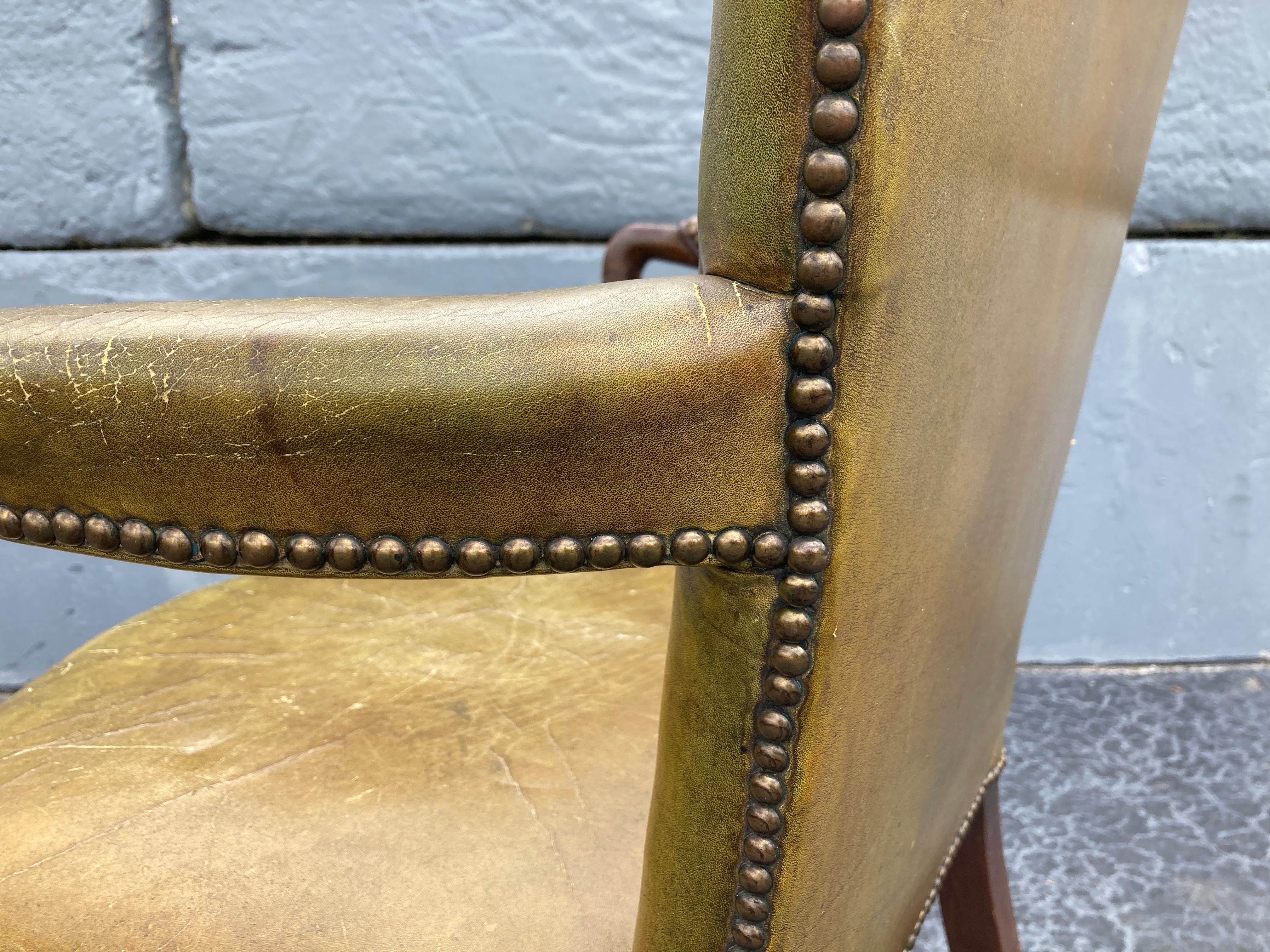 Antique Arm Chair, Green Leather, Desk Chair In Good Condition For Sale In Miami, FL