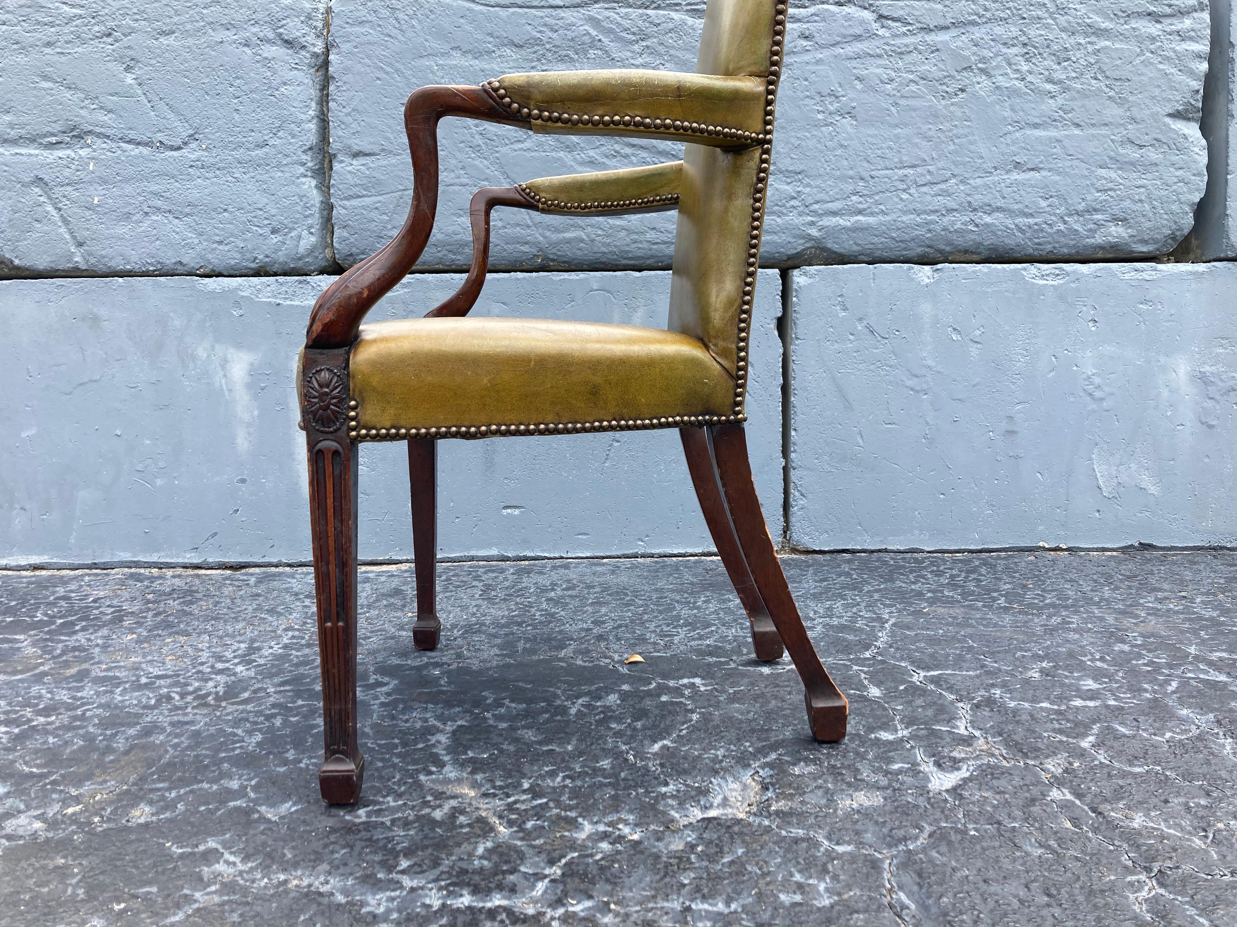 Antique Arm Chair, Green Leather, Desk Chair For Sale 3