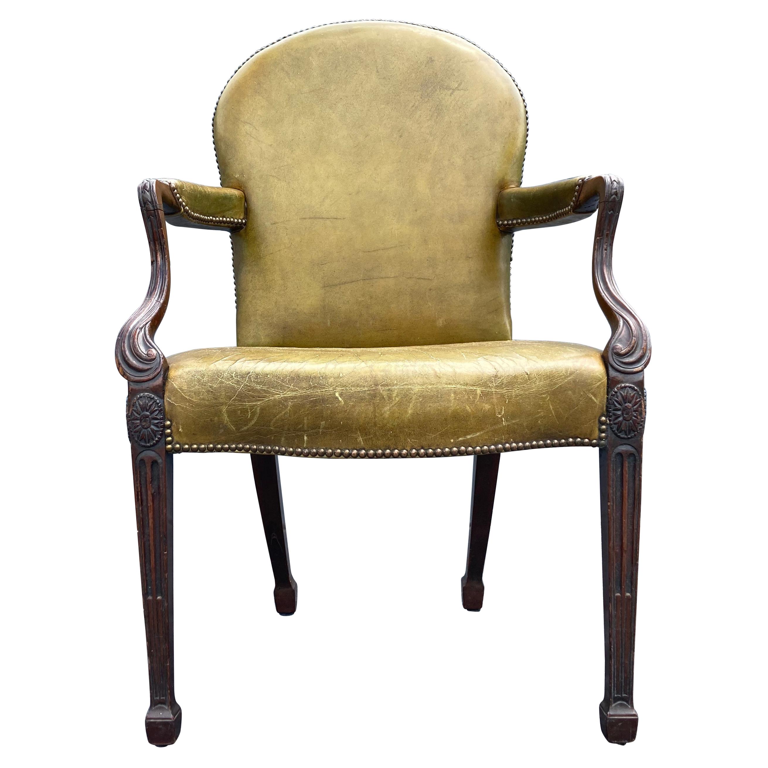 Fauteuil ancien, fauteuil de bureau en cuir vert en vente