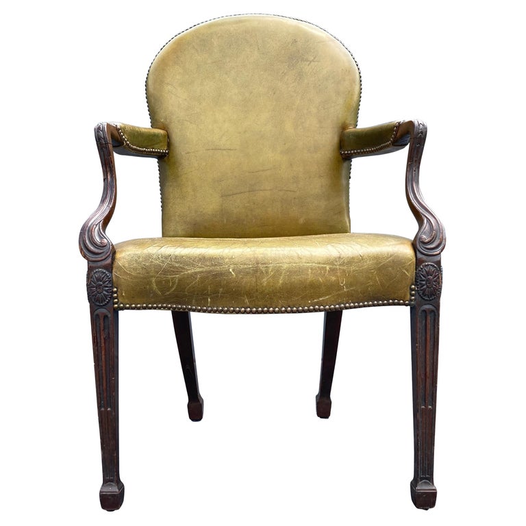 Antique Arm Chair, Green Leather, Desk Chair For Sale