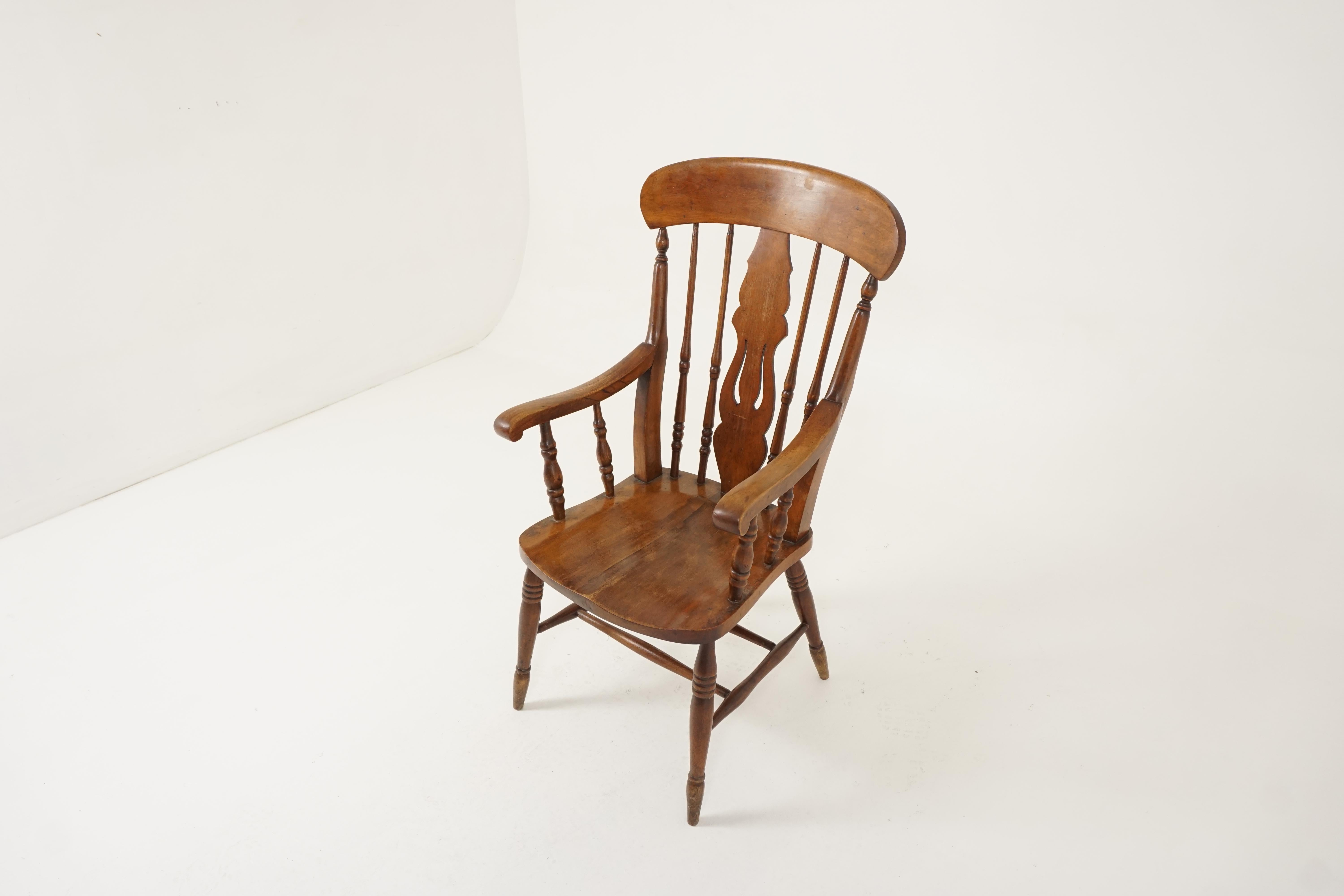Antique arm chair, Windsor high back, country beech chair, Scotland 1880, B2366

Scotland, 1880
Solid beechwood
Original finish
Broad top rail
Center splat with turned spindles to the back
Nice swept out curved arms with turned supports