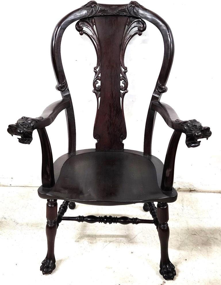 For FULL item description be sure to click on CONTINUE READING at the bottom of this listing.

Offering One Of Our Recent Palm Beach Estate Fine Furniture Acquisitions Of An 
Antique c 1900 Desk Dining Accent Mahogany Armchair with Carved Dragons