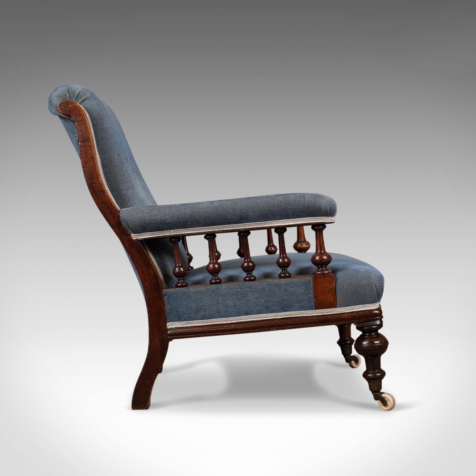 Antique Armchair, English, Victorian, Club Chair, Walnut, Blue, circa 1880 In Good Condition In Hele, Devon, GB