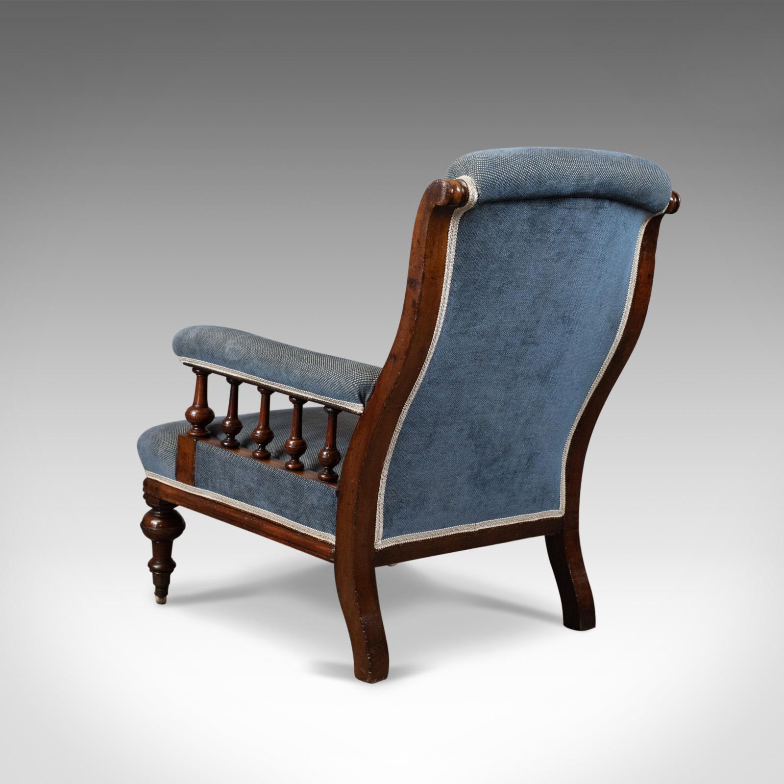 19th Century Antique Armchair, English, Victorian, Club Chair, Walnut, Blue, circa 1880