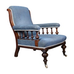 Antique Armchair, English, Victorian, Club Chair, Walnut, Blue, circa 1880