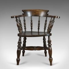 Antique Armchair, English, Victorian, Elm Bow Back, Smokers Captains Chair