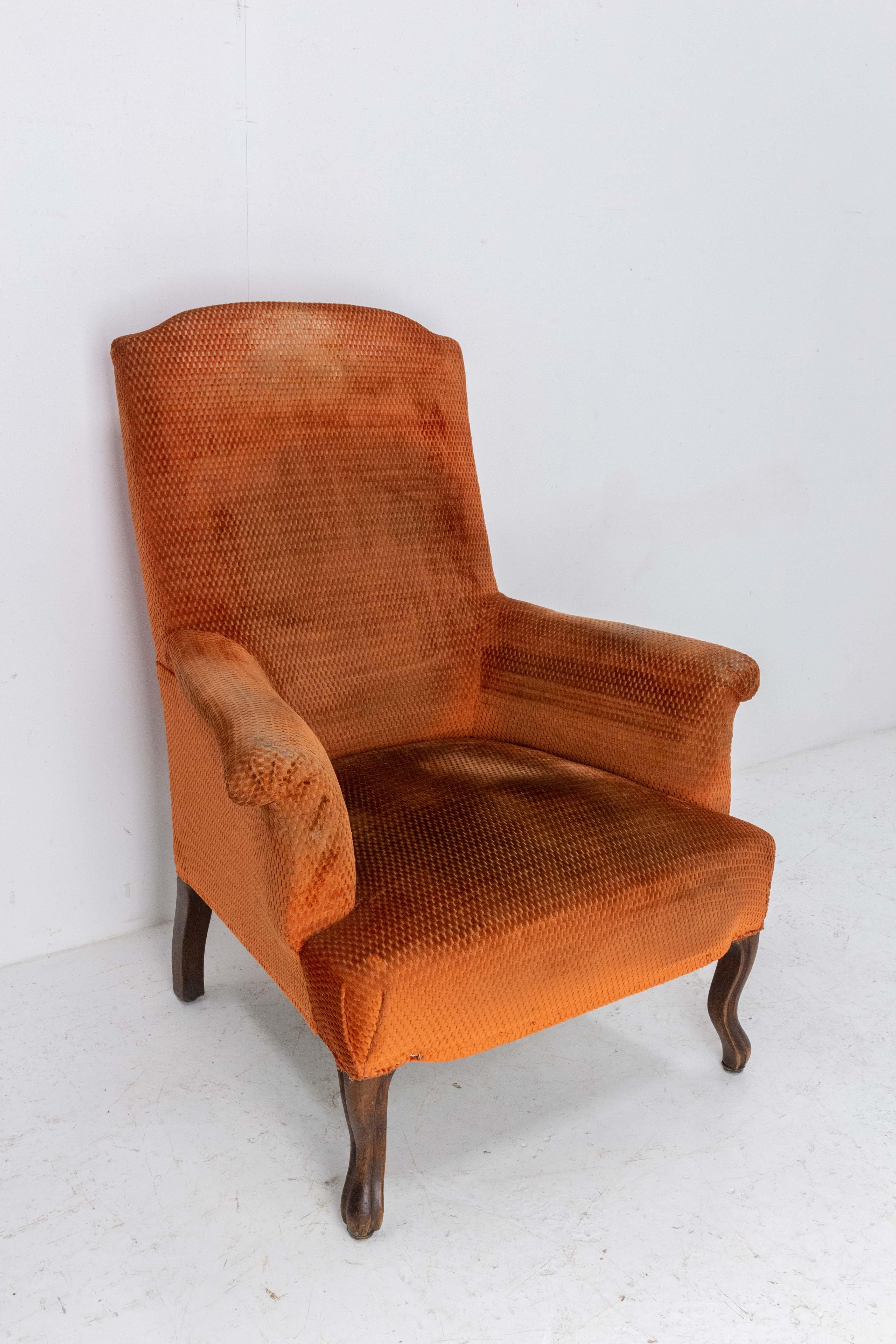 Antique Armchair Fauteuil Napoleon III Upholstery and Walnut French 19th Century In Good Condition For Sale In Labrit, Landes