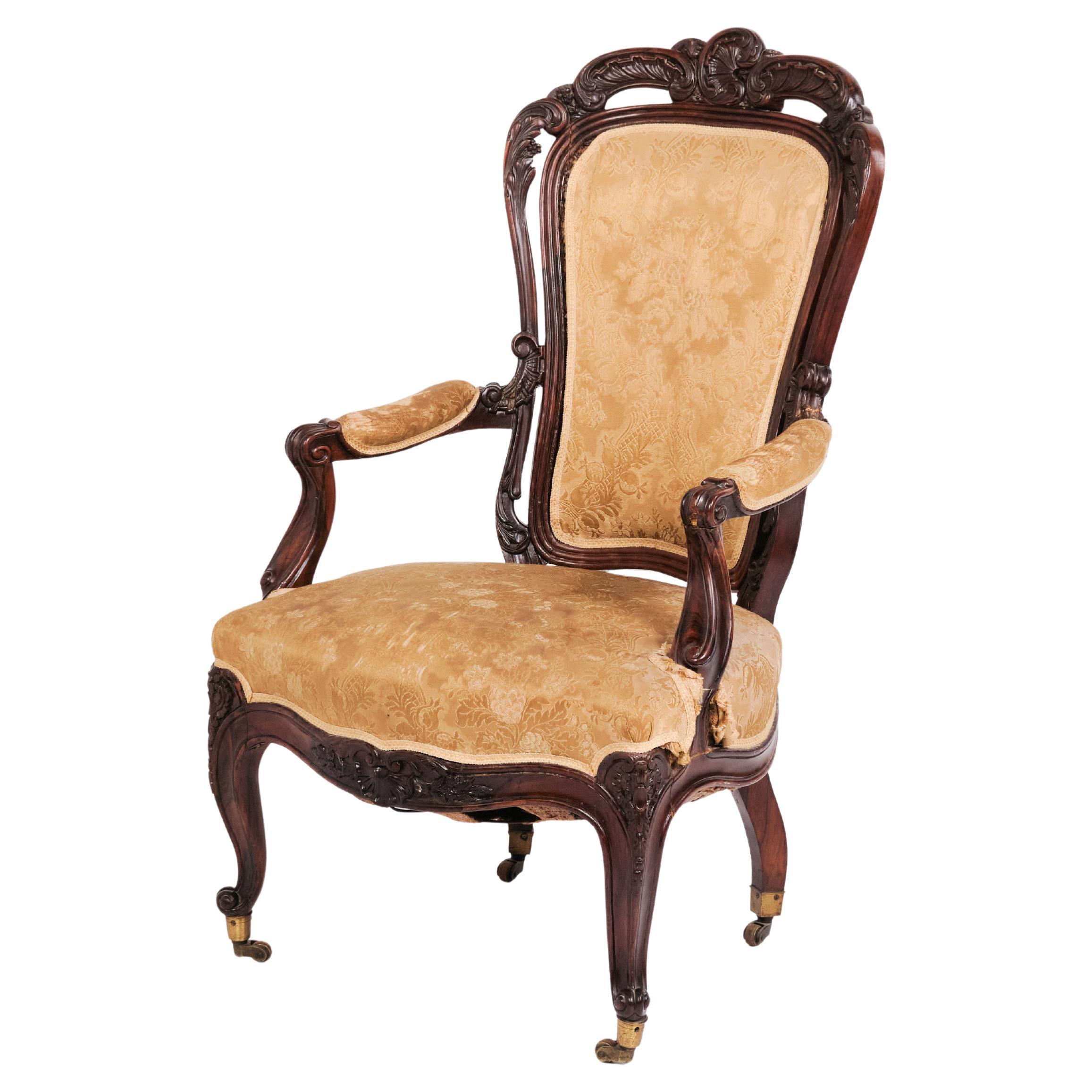 Antique Armchair In Rococo Style Made In Mahogany 
Floral Upholstery, 1890s For Sale