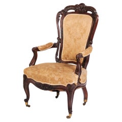 Antique Armchair In Rococo Style Made In Mahogany 
Floral Upholstery, 1890s